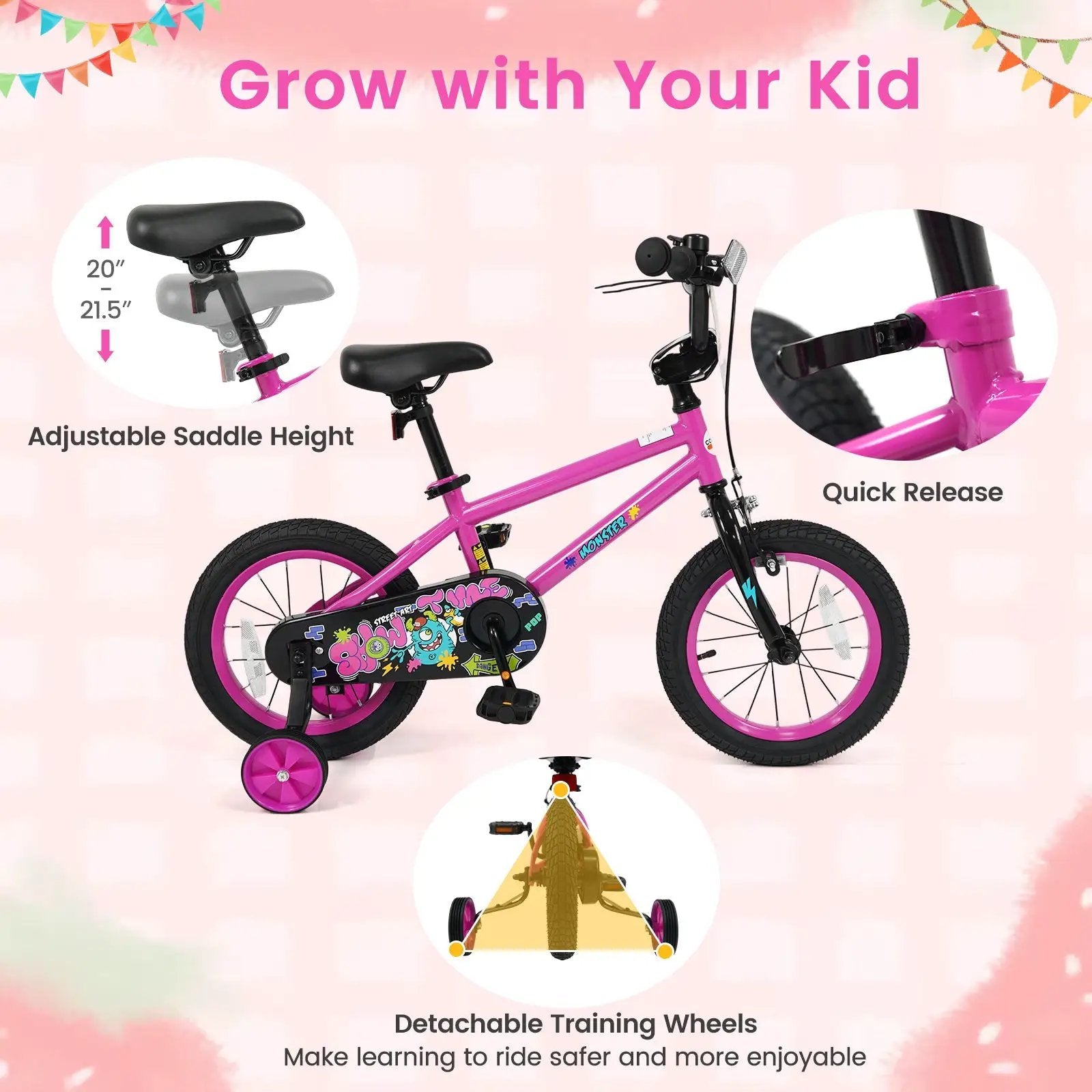 Kids Bike with Training Wheels 12-18 Inch Pink by DirectDeals