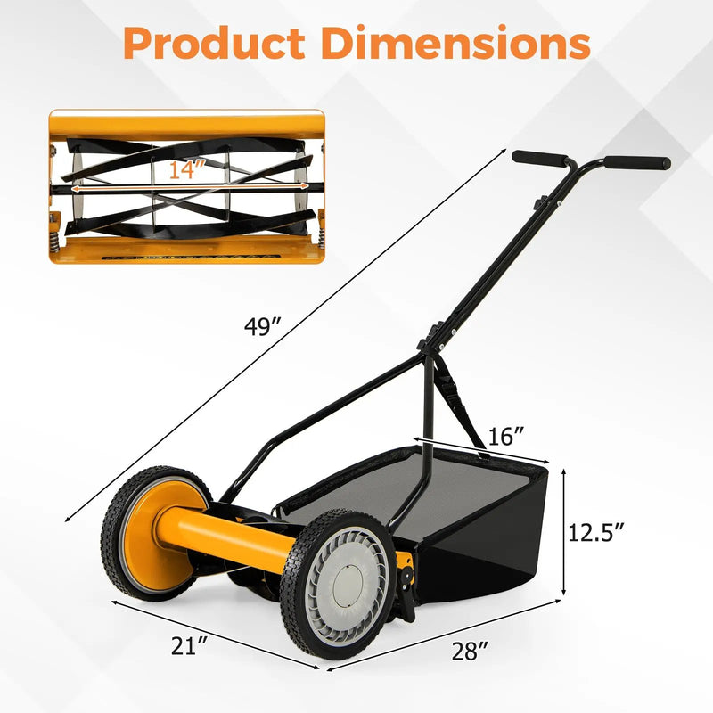 14 Inch Push Lawn Mower with 5 Steel Blades and Grass Catcher Bag by DirectDeals