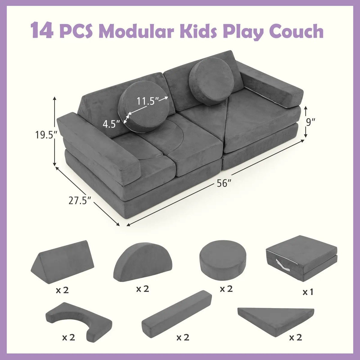 14 PCS Modular Kids Play Couch for Playroom and Bedroom by DirectDeals