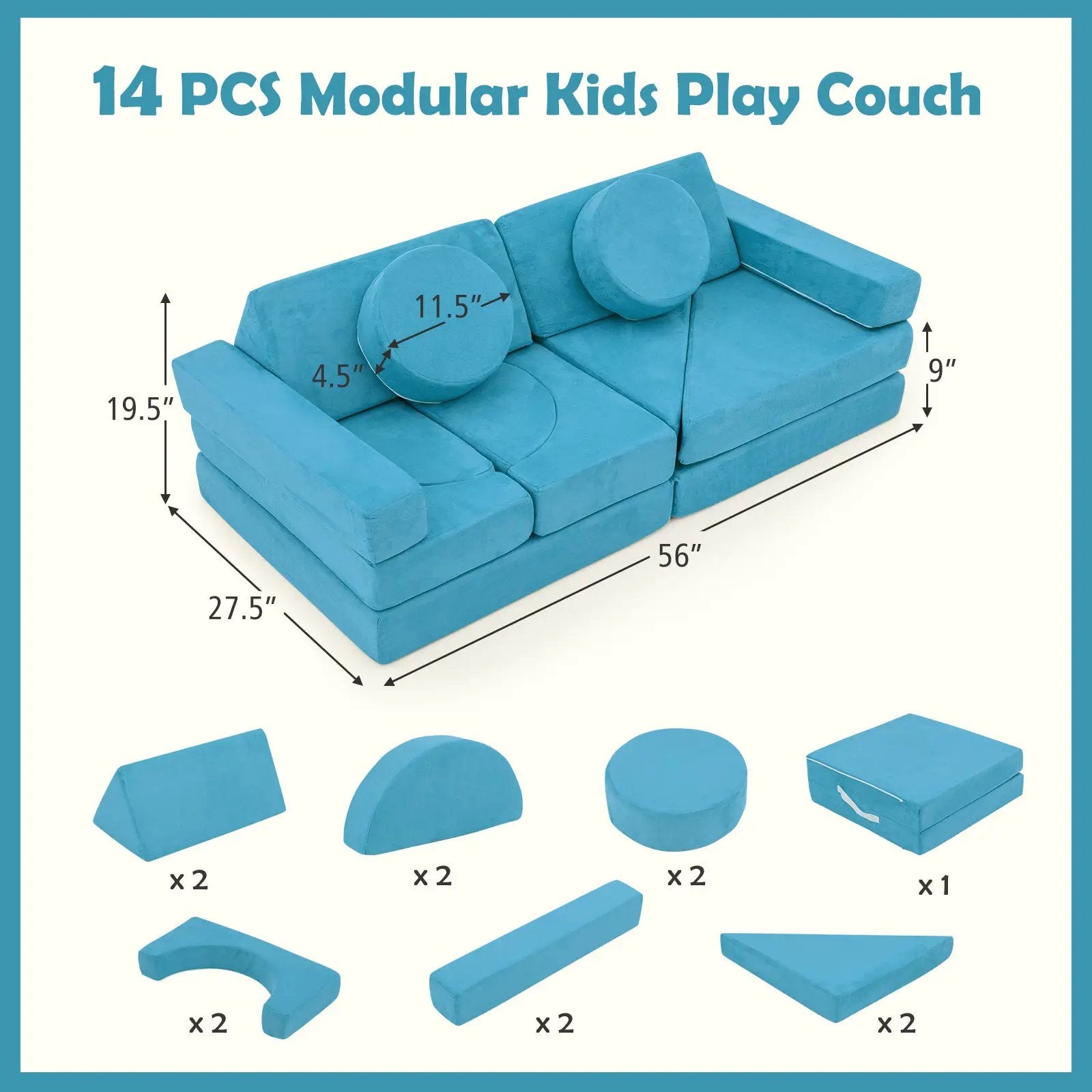 14 PCS Modular Kids Play Couch for Playroom and Bedroom by DirectDeals