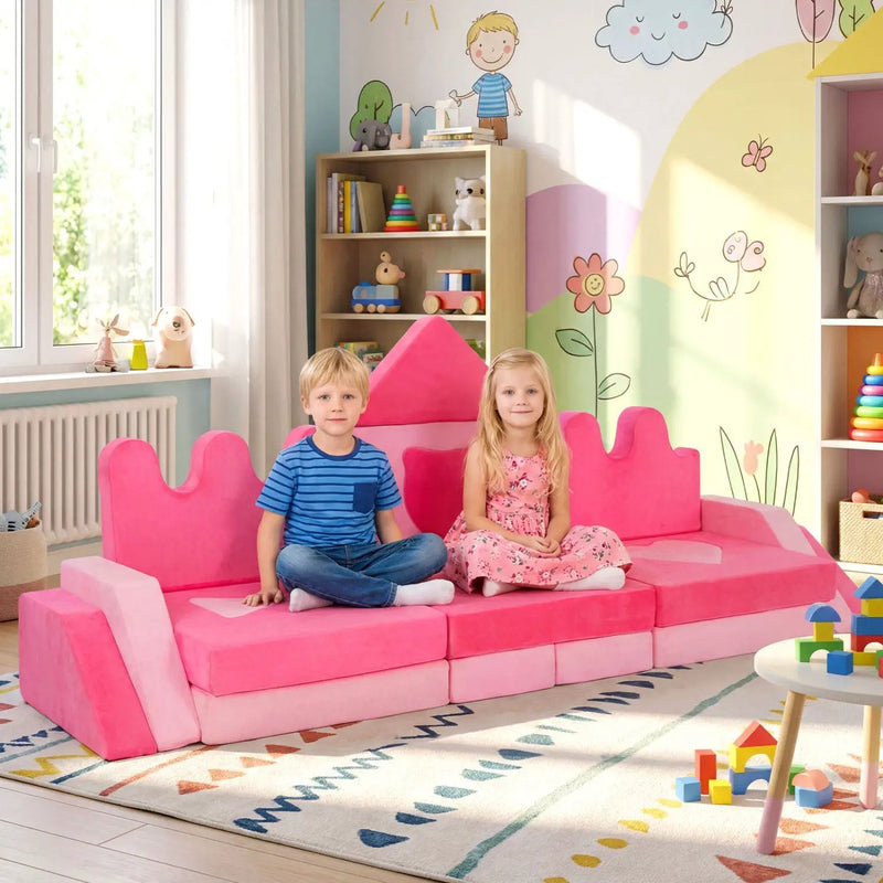 14 Piece Kids Play Couch Modular Foam Climbing Blocks for Kids 3+ Years Old-Pink by DirectDeals