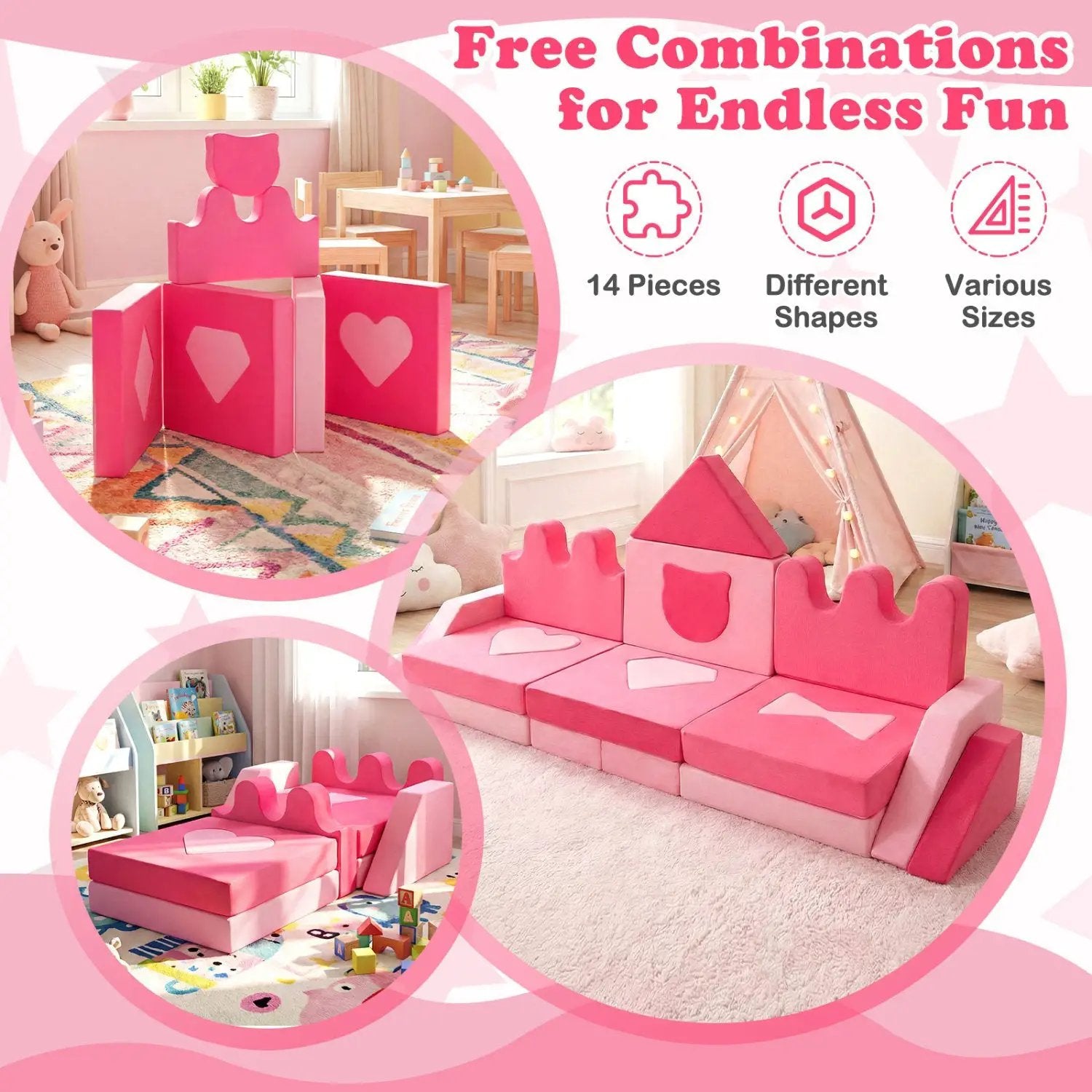 14 Piece Kids Play Couch Modular Foam Climbing Blocks for Kids 3+ Years Old-Pink by DirectDeals