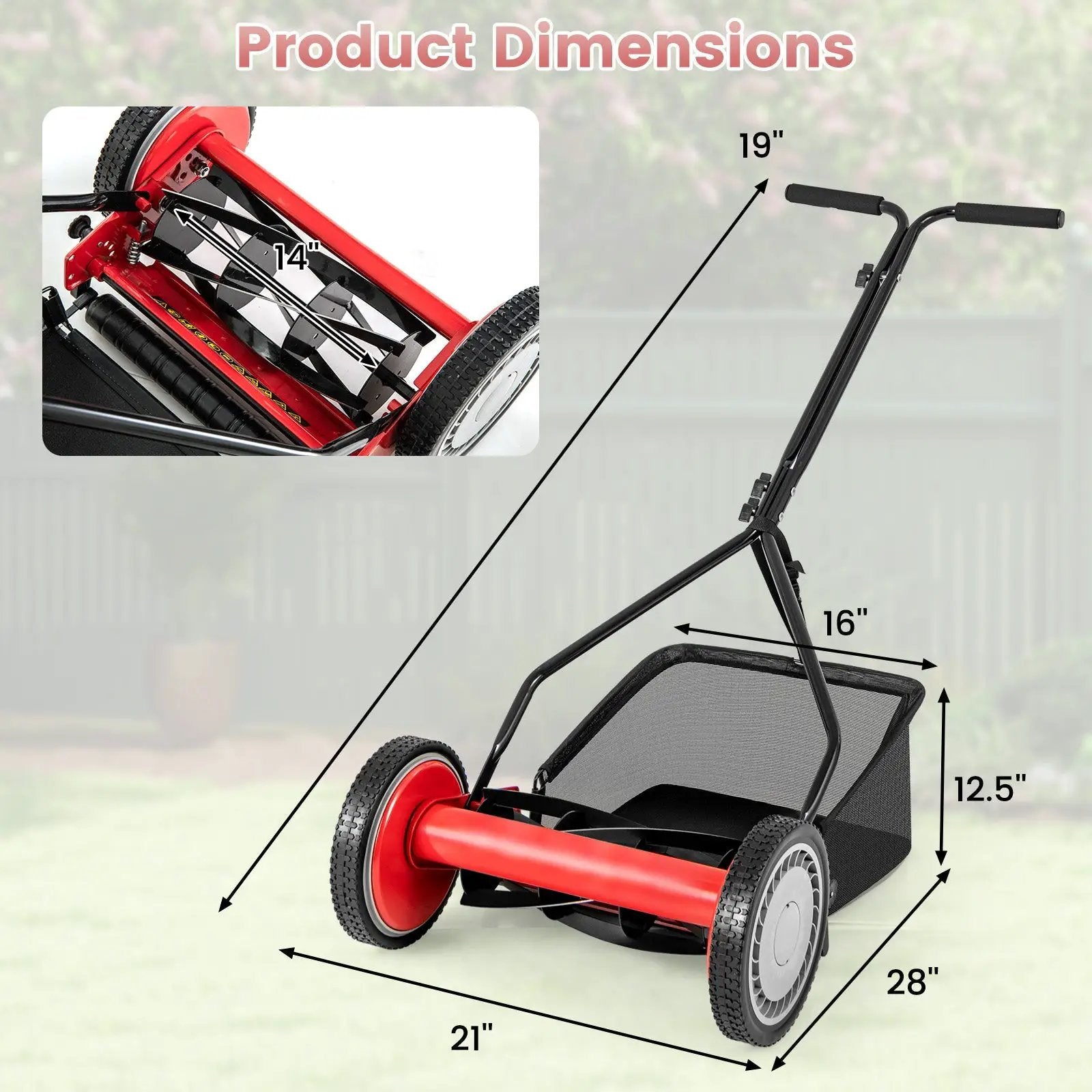 14 Inch Push Lawn Mower with 5 Steel Blades and Grass Catcher Bag by DirectDeals