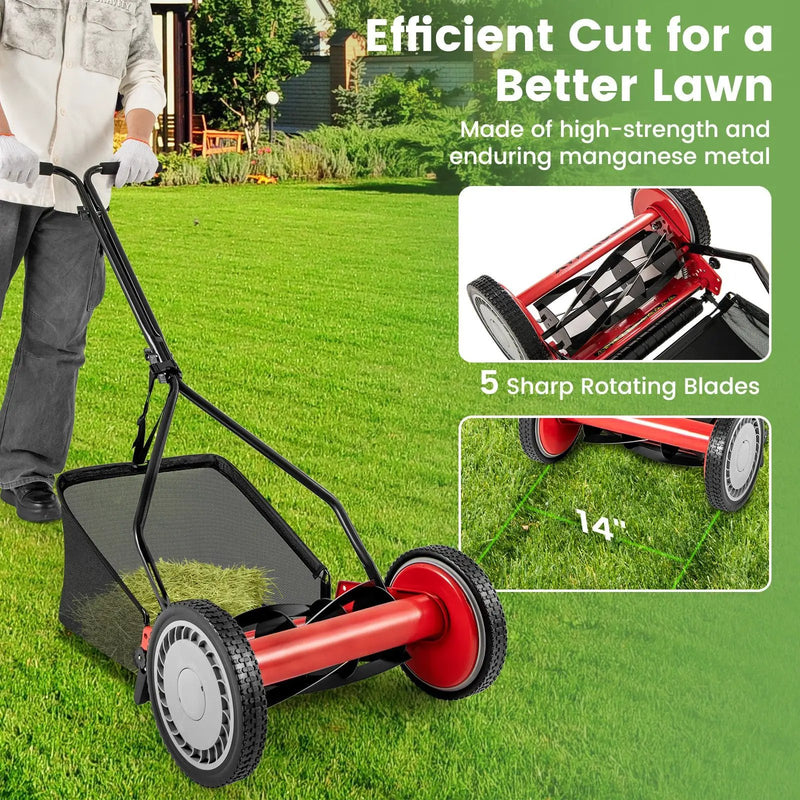 14 Inch Push Lawn Mower with 5 Steel Blades and Grass Catcher Bag by DirectDeals