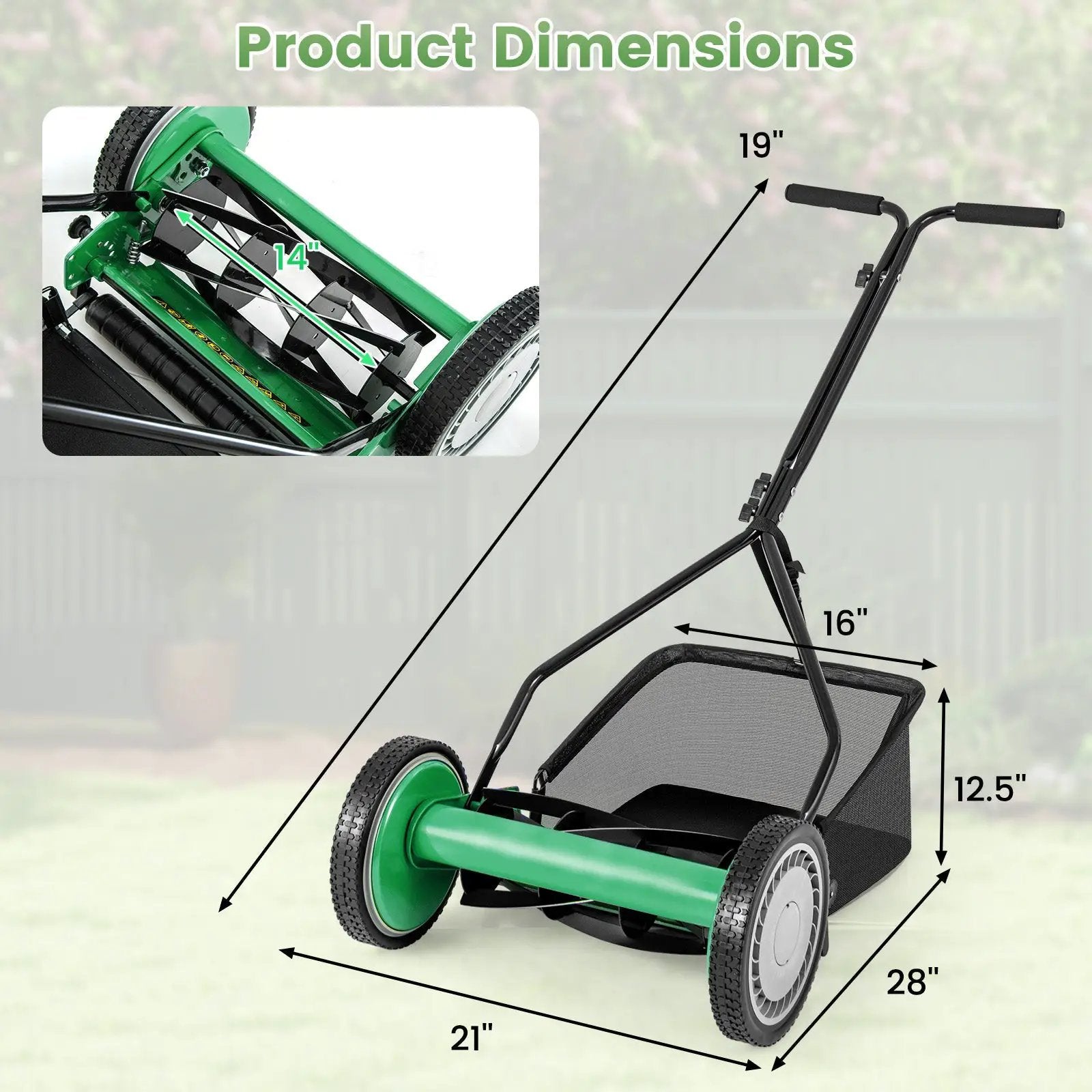 14 Inch Push Lawn Mower with 5 Steel Blades and Grass Catcher Bag by DirectDeals