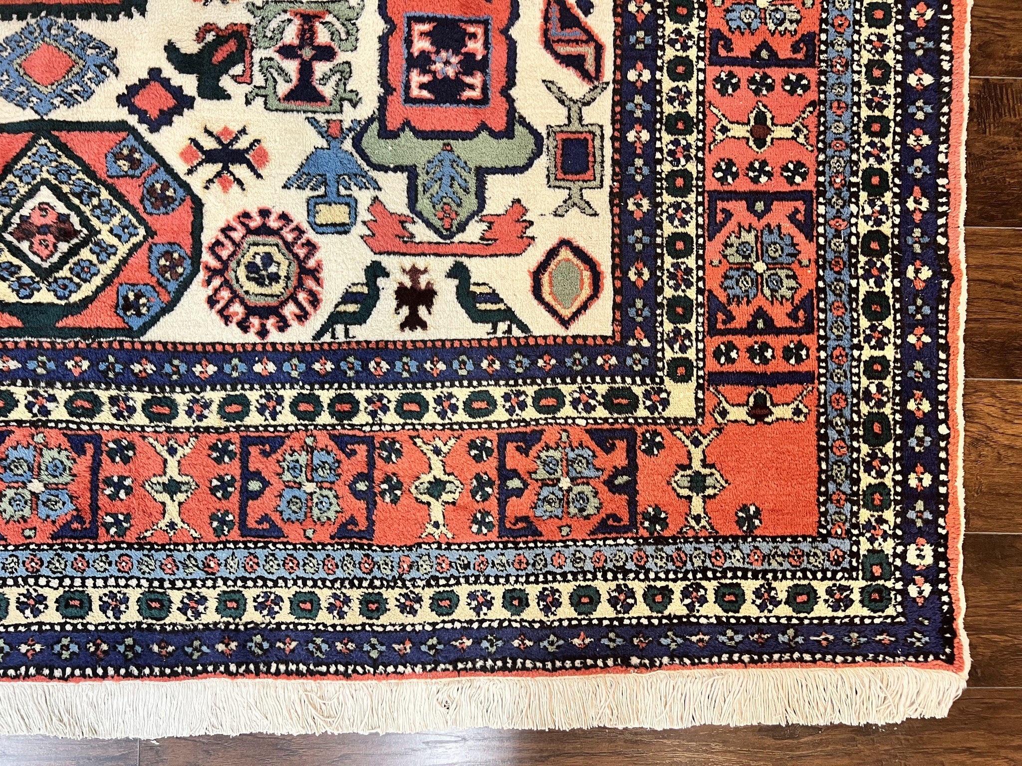 Persian Tribal Rug 8x11, Persian Ardabil Rug, Geometric Medallion Animal Pictorial Rug, Ivory Red Blue, Hand Knotted Vintage Wool Carpet by Jewel Rugs