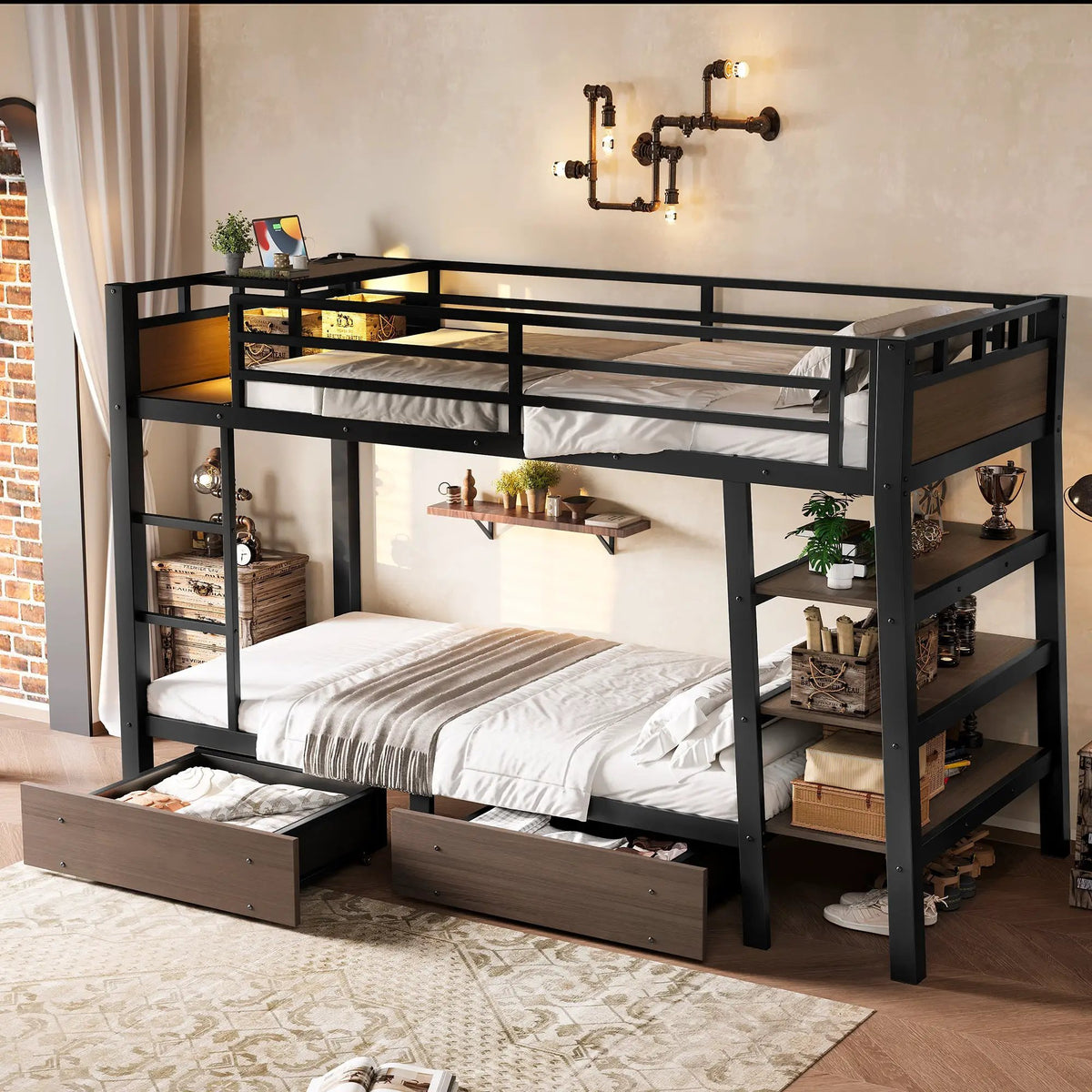 Twin Size Metal Bunk Bed with Storage Shelves, LED Light Strip, and USB Power Strip by HouseOfZazla