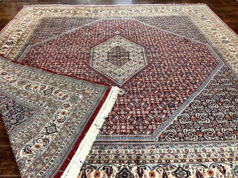 Square Indo Persian Bidjar Rug 10x10, Red, Handmade Vintage Wool Carpet by Jewel Rugs
