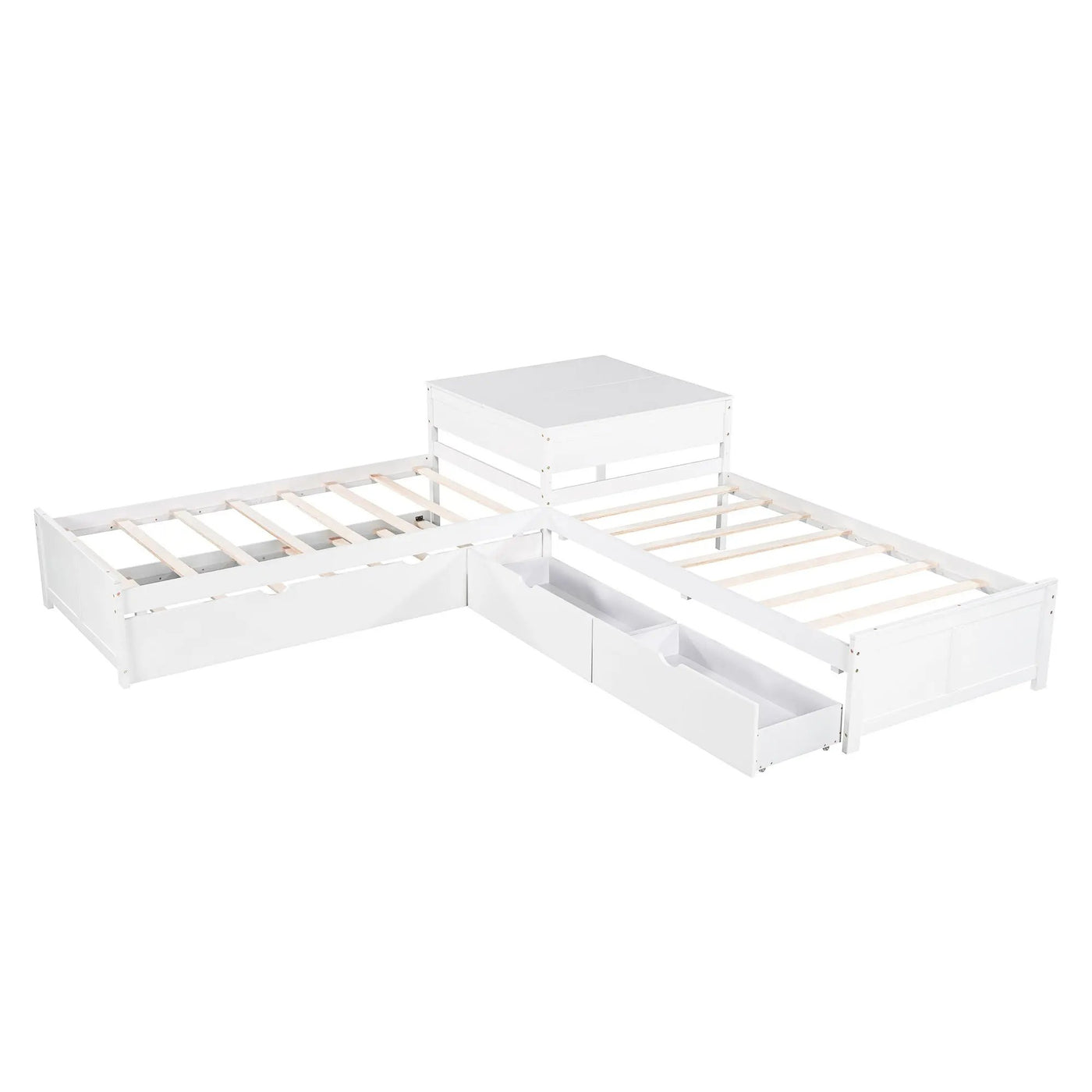 L Shaped Platform Bed With Trundle And Drawers Linked With Built In Desk by HouseOfZazla