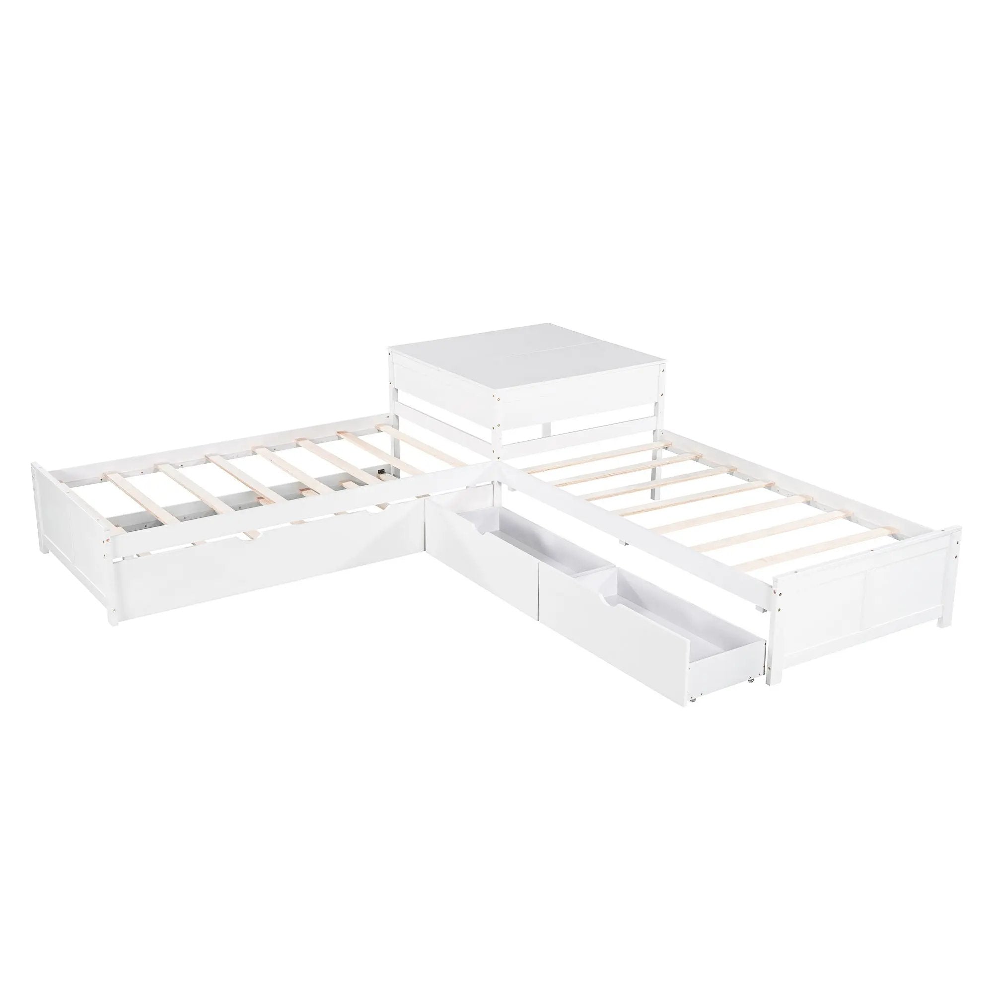 L Shaped Platform Bed With Trundle And Drawers Linked With Built In Desk by HouseOfZazla