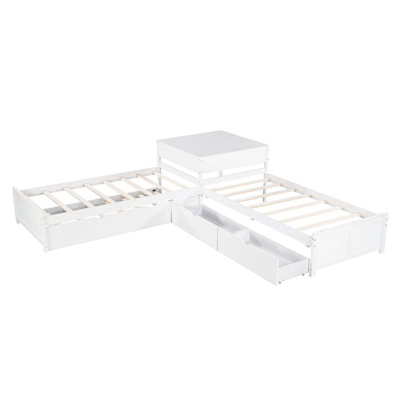 L Shaped Platform Bed With Trundle And Drawers Linked With Built In Desk by HouseOfZazla