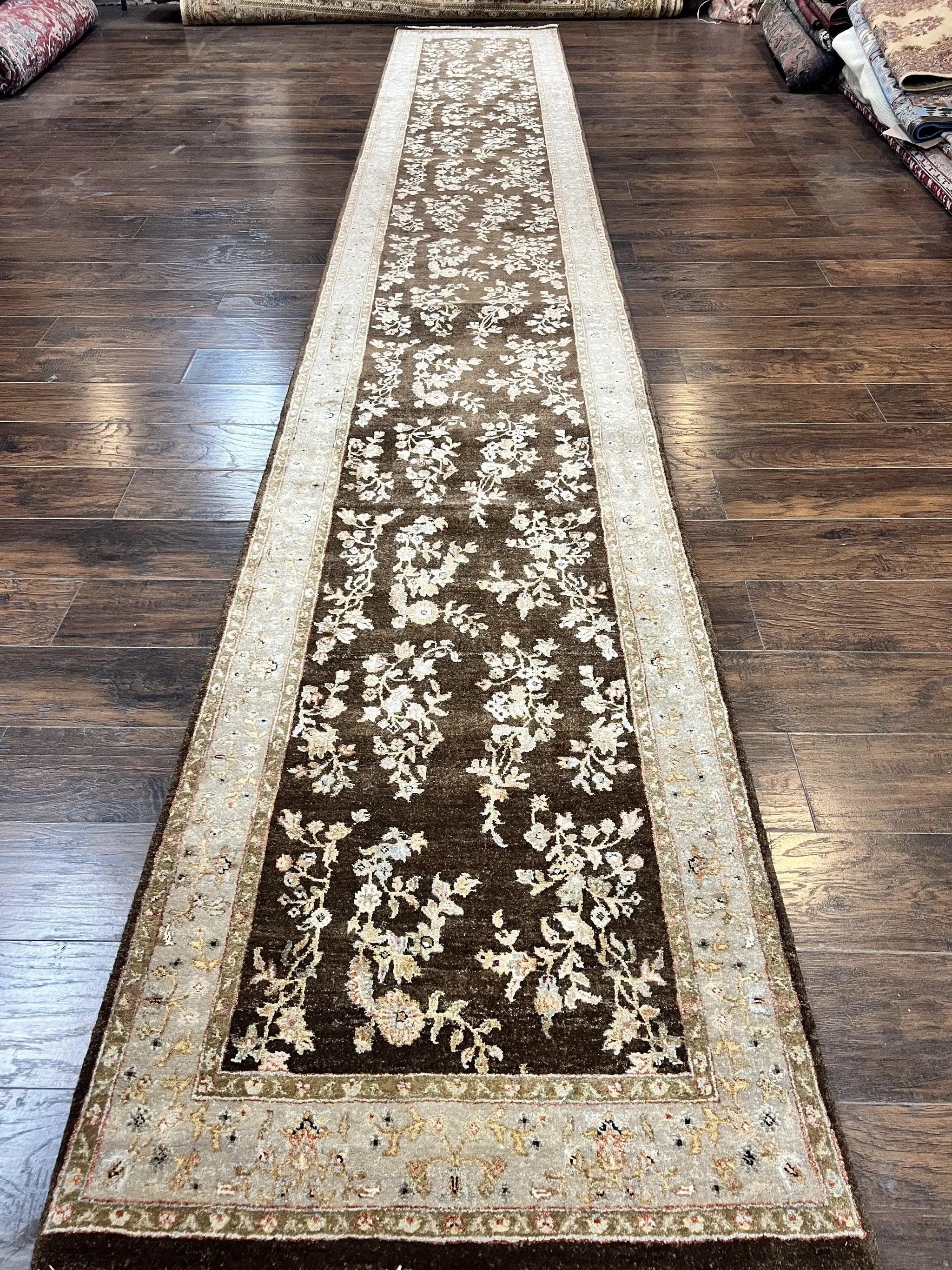 Peshawar Runner Rug 3 x 20, Wool Hand Knotted Vintage Pakistani Carpet, Brown & Taupe, Chobi Mahal Floral Rug, Extra Long Hallway Runner by Jewel Rugs