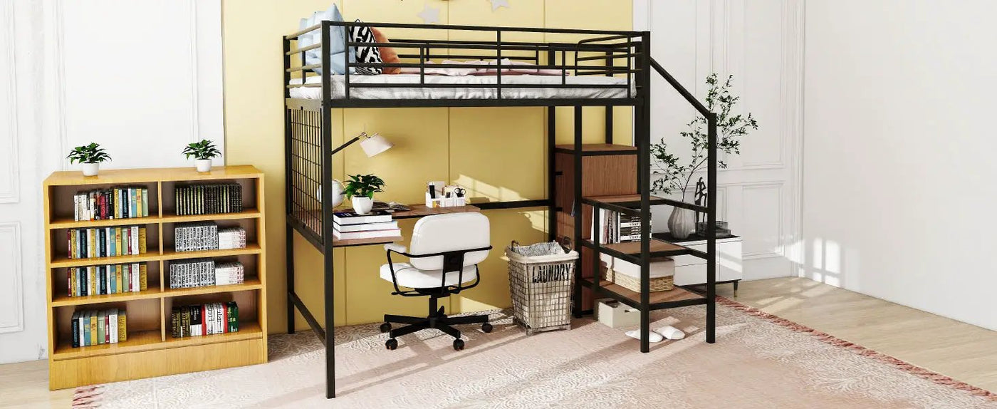 Loft Bed With Desk And Grid, Stylish Frame With Lateral Storage Ladder And Wardrobe by HouseOfZazla