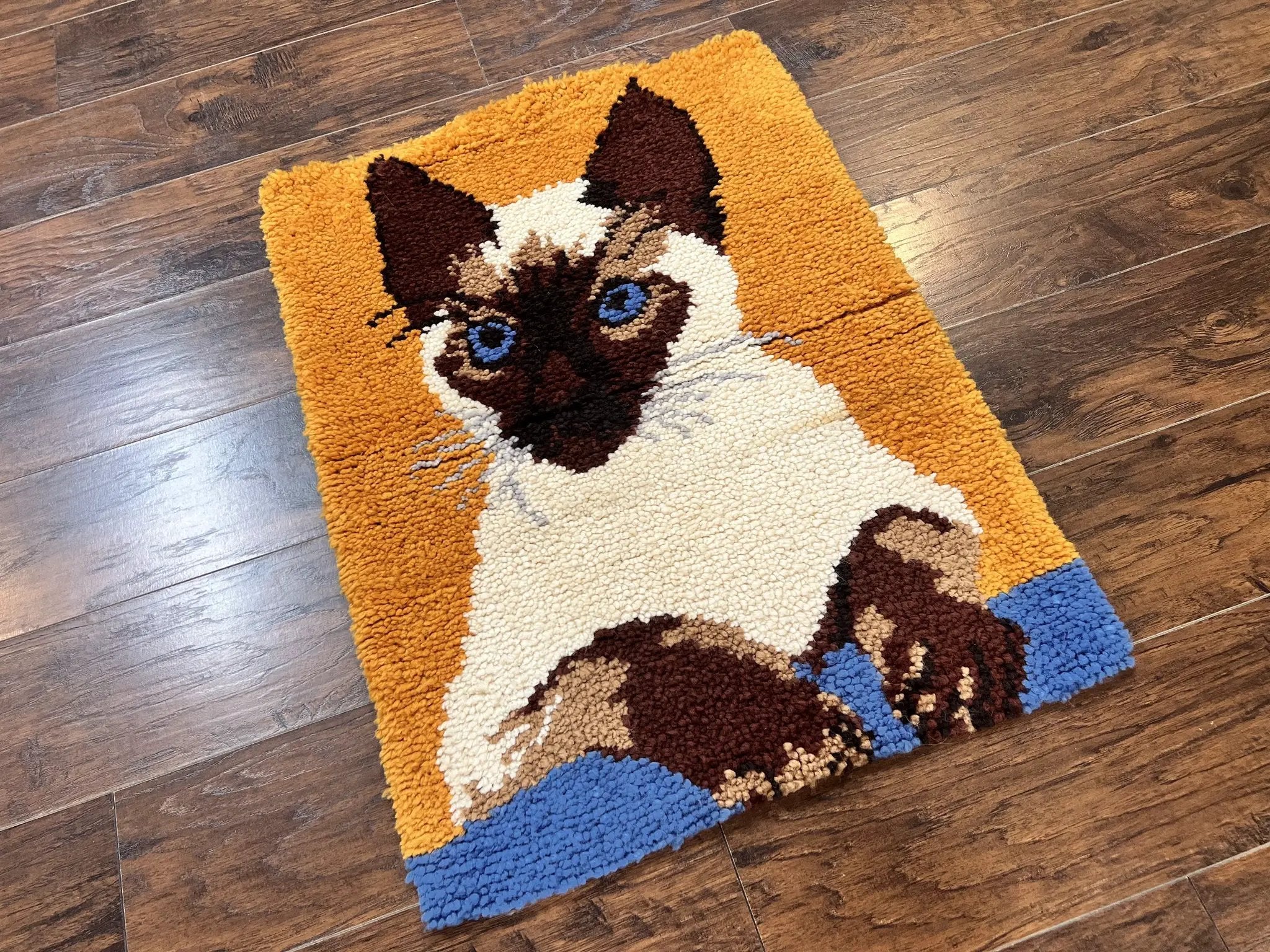 Small Shag Rug with Siamese Cat Pictorial, 2x3 ft Rug, Wool, Vintage, Danish Rya Shag Rug, Orange by Jewel Rugs