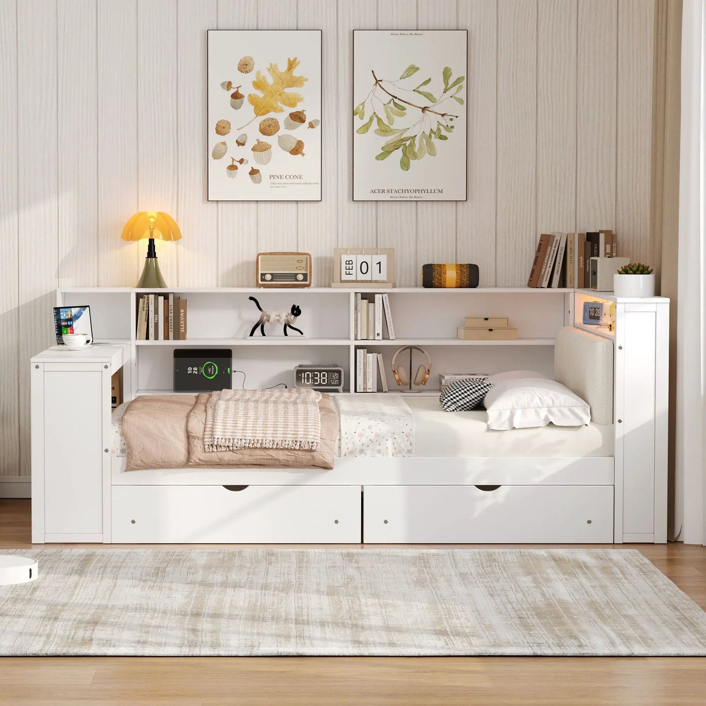 Platform Bed With Storage Shelves, Drawers, Charging Station, LED, Desk by HouseOfZazla