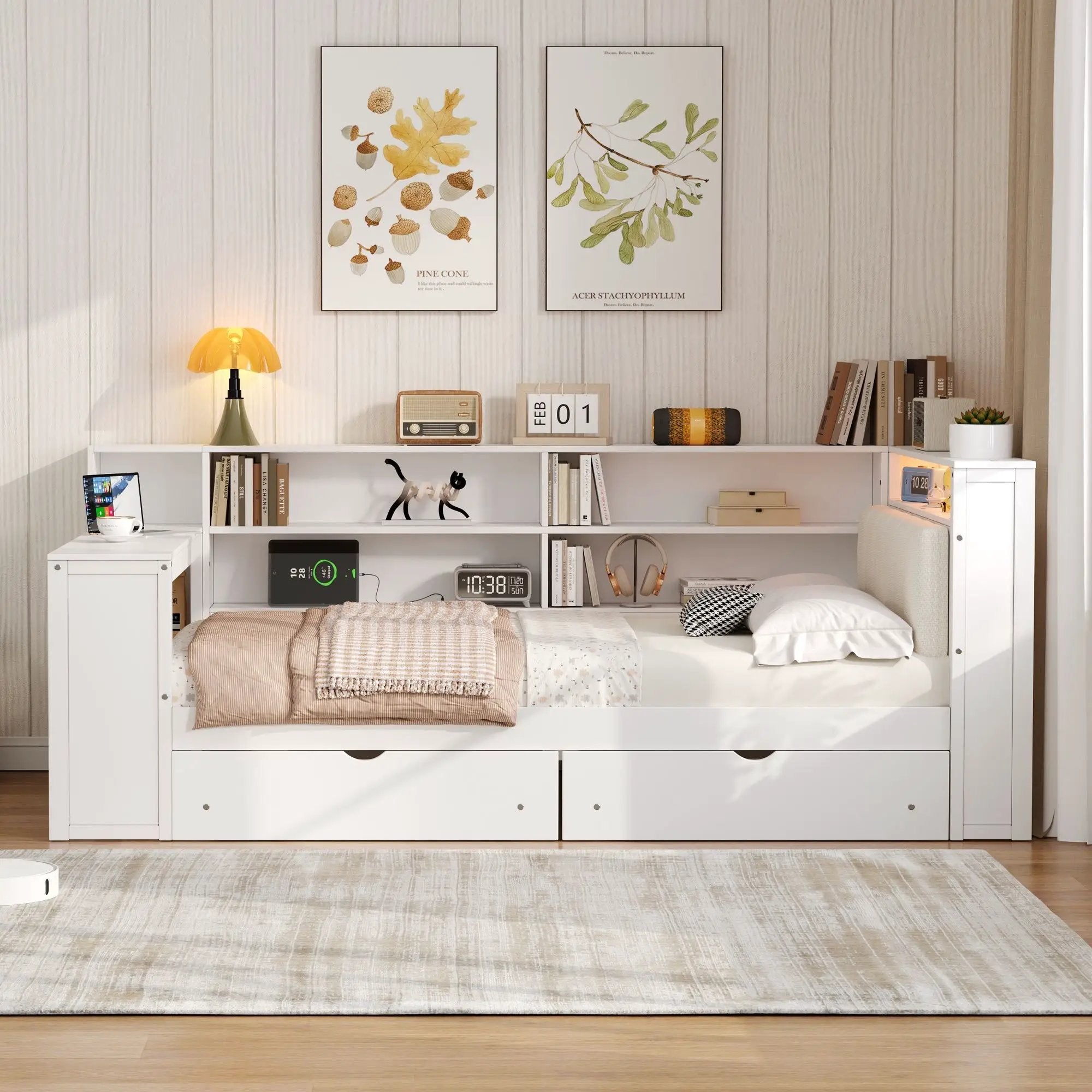 Platform Bed With Storage Shelves, Drawers, Charging Station, LED, Desk by Unique Piece Furniture