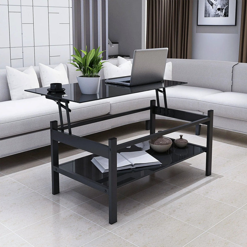 Glass Lift Top Coffee Table, Modern Simple 2-Layer Tempered Glass Coffee Table For Living Room - Black by Unique Piece Furniture