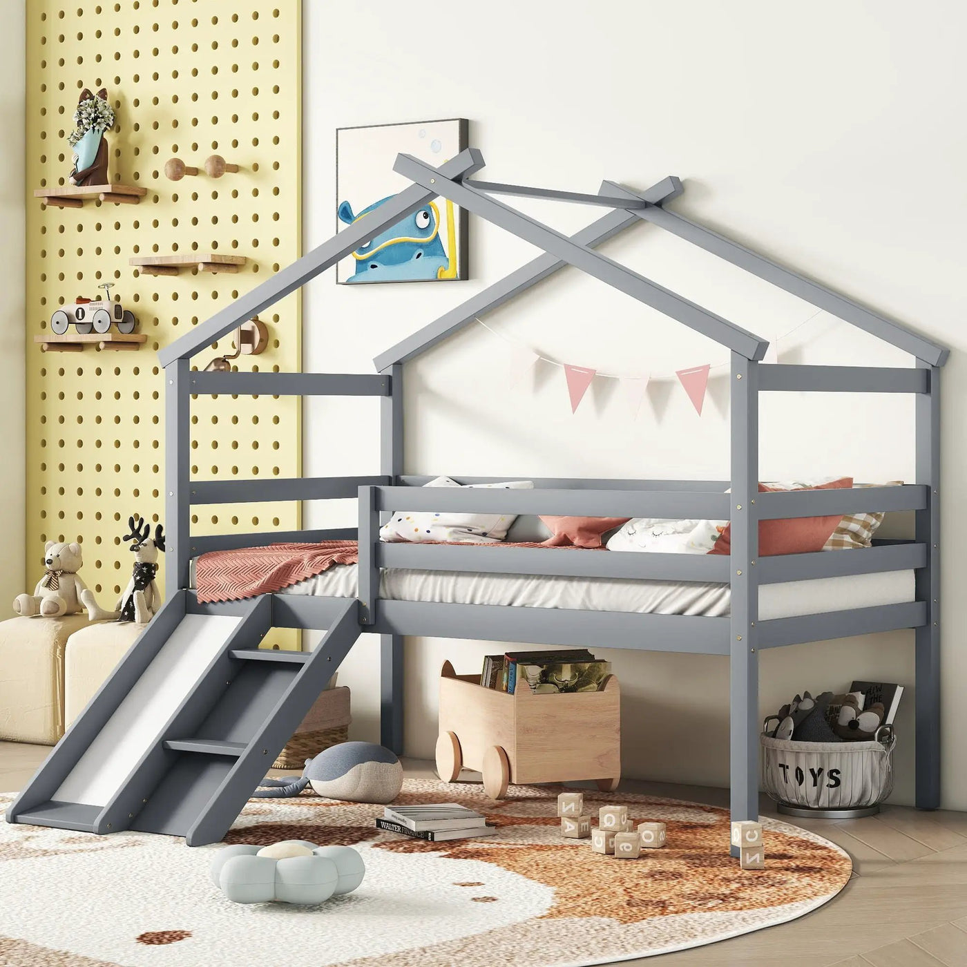 Low Loft House Bed With Slide, Ladder, Safety Guardrails, House Roof Frame by Unique Piece Furniture