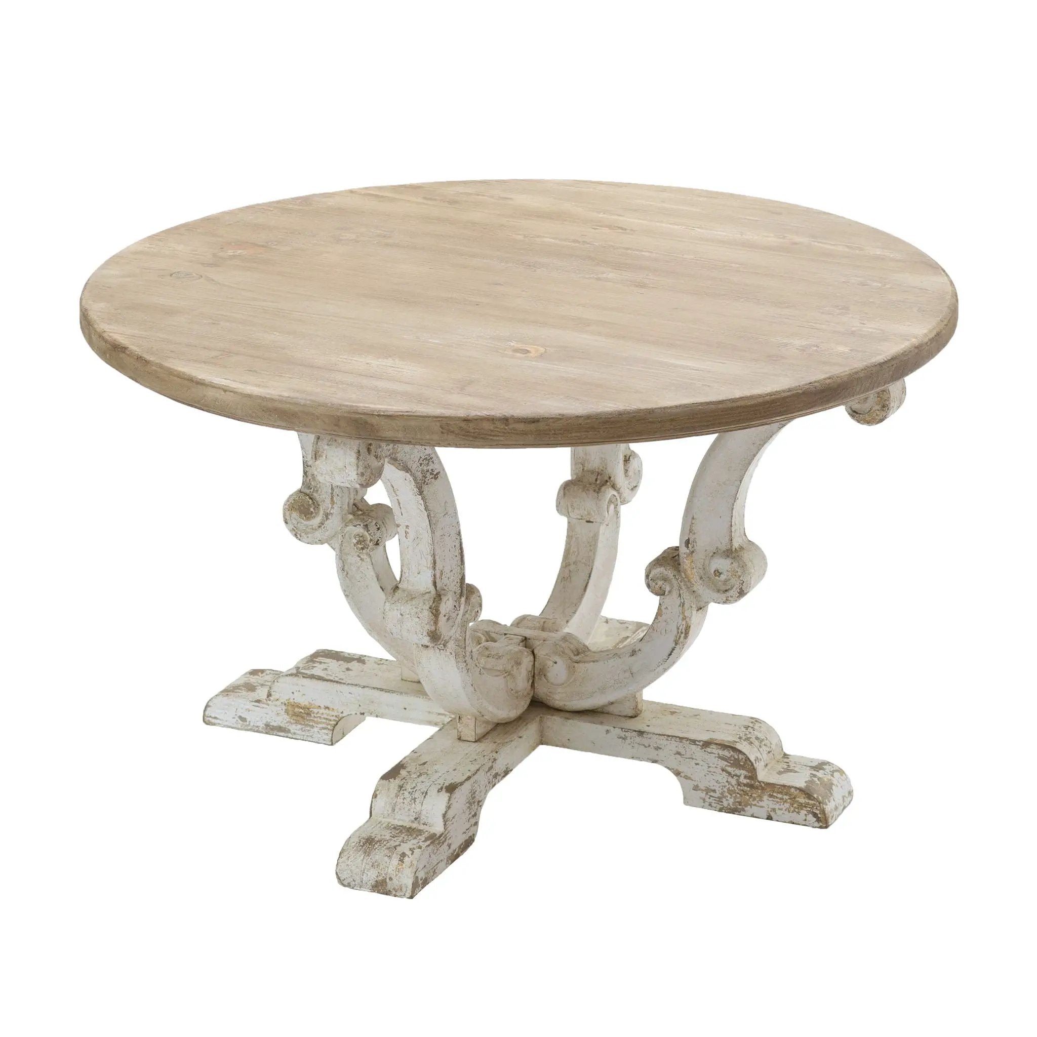 Round Wooden Coffee Table With Distressed Scrollwork Legs - Multicolor by HouseOfZazla
