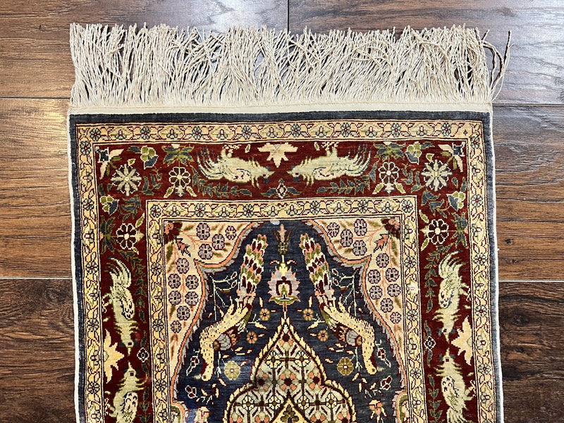 Silk Turkish Hereke Rug 2x3, Peacocks Birds, Signature from Master Weaver, Super Finely Hand Knotted 550 KPSI, Animal Pictorials by Jewel Rugs