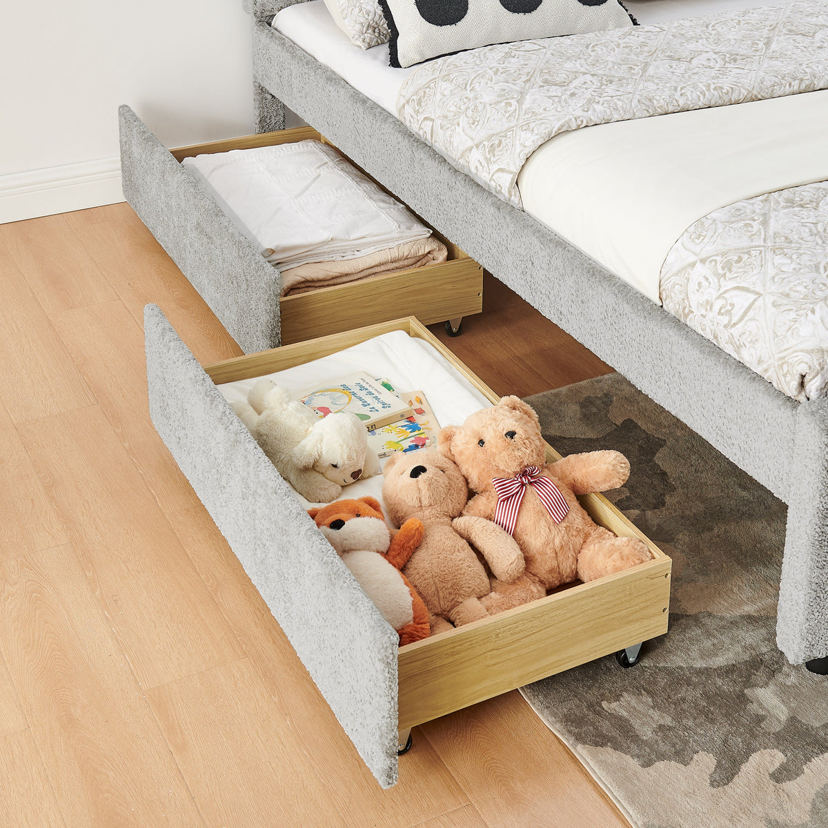 Queen Size Vertical Channel Tufted Headboard & Nailhead Trim Space Saving Upholstered Bed, Multi-functional Design with 2 Storage Drawers and Pull-out Trundle Bed, Chenille, photo 6 of 10