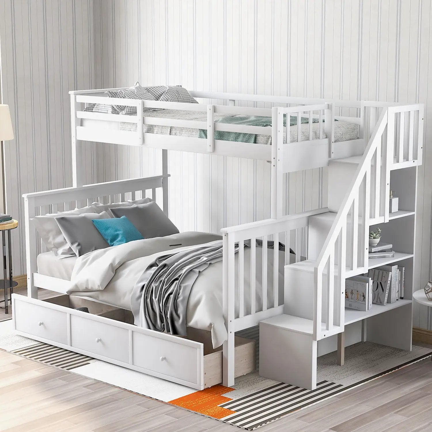 Stairway Bunk Bed With Storage And Guard Rail For Bedroom by HouseOfZazla