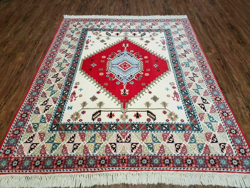 Vintage Moroccan Carpet 5x7 Area Rug, Berber Rug, Handmade Soft Wool Rug, Red Ivory and Blue, Geometric Medallion Rug, Bohemian Rug, Nice by Jewel Rugs