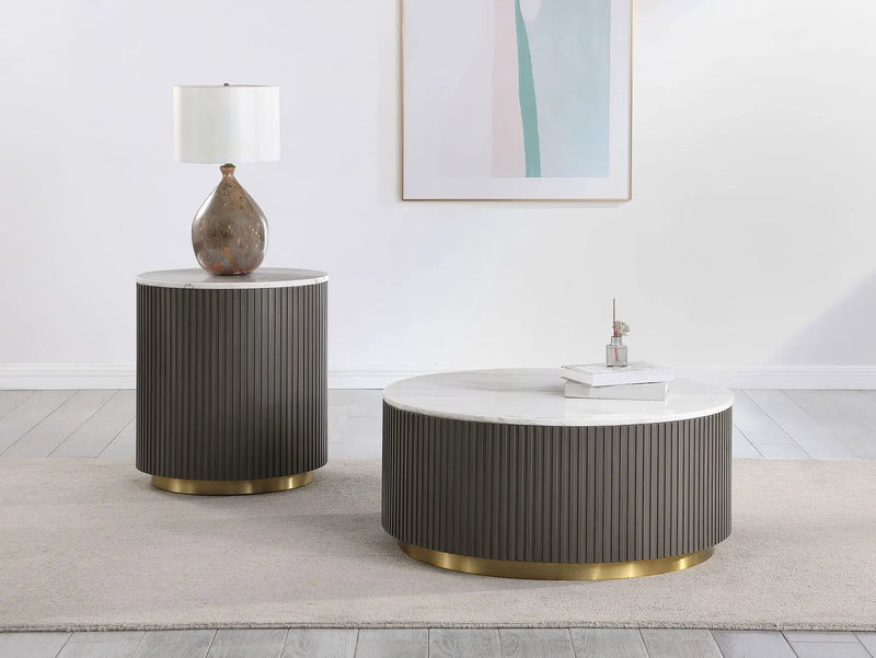 Jason Round White Marble Top Side End Table Charcoal by Unique Piece Furniture