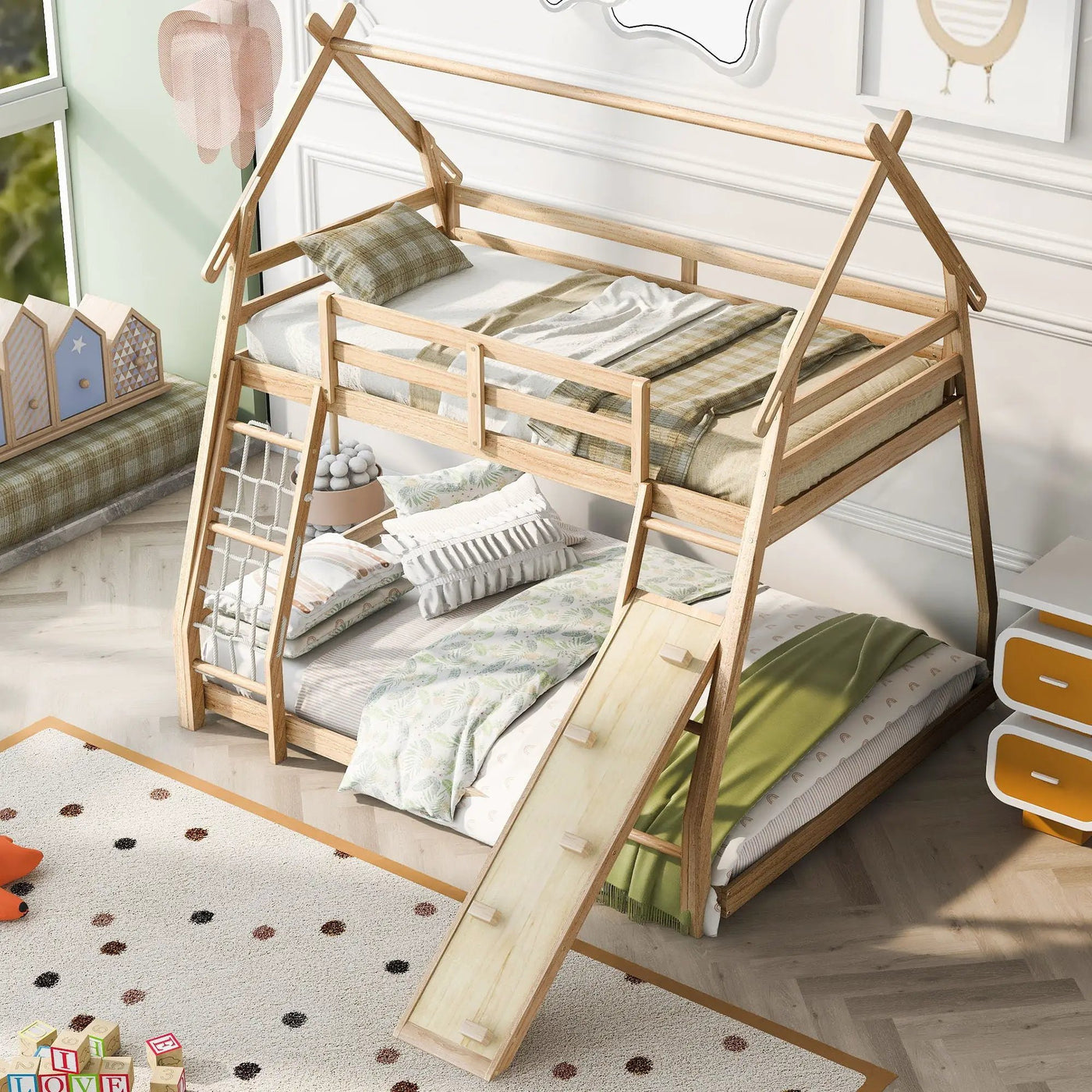 Twin Over Queen House Bunk Bed With Climbing Nets And Climbing Ramp by HouseOfZazla