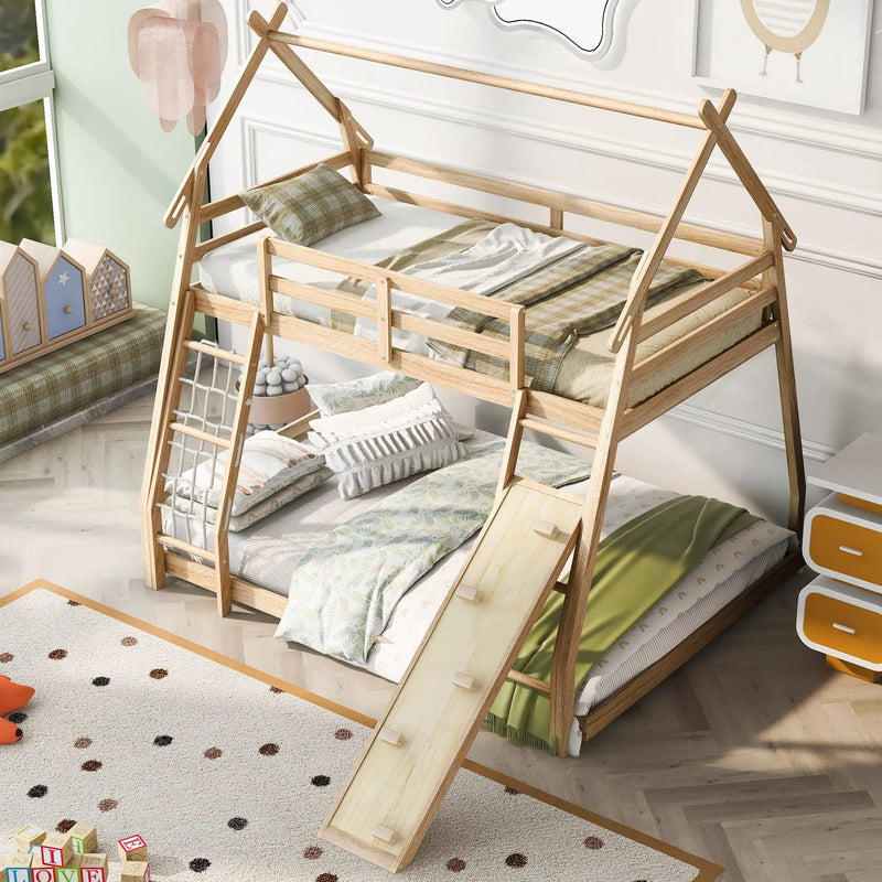 Twin Over Queen House Bunk Bed With Climbing Nets And Climbing Ramp by HouseOfZazla