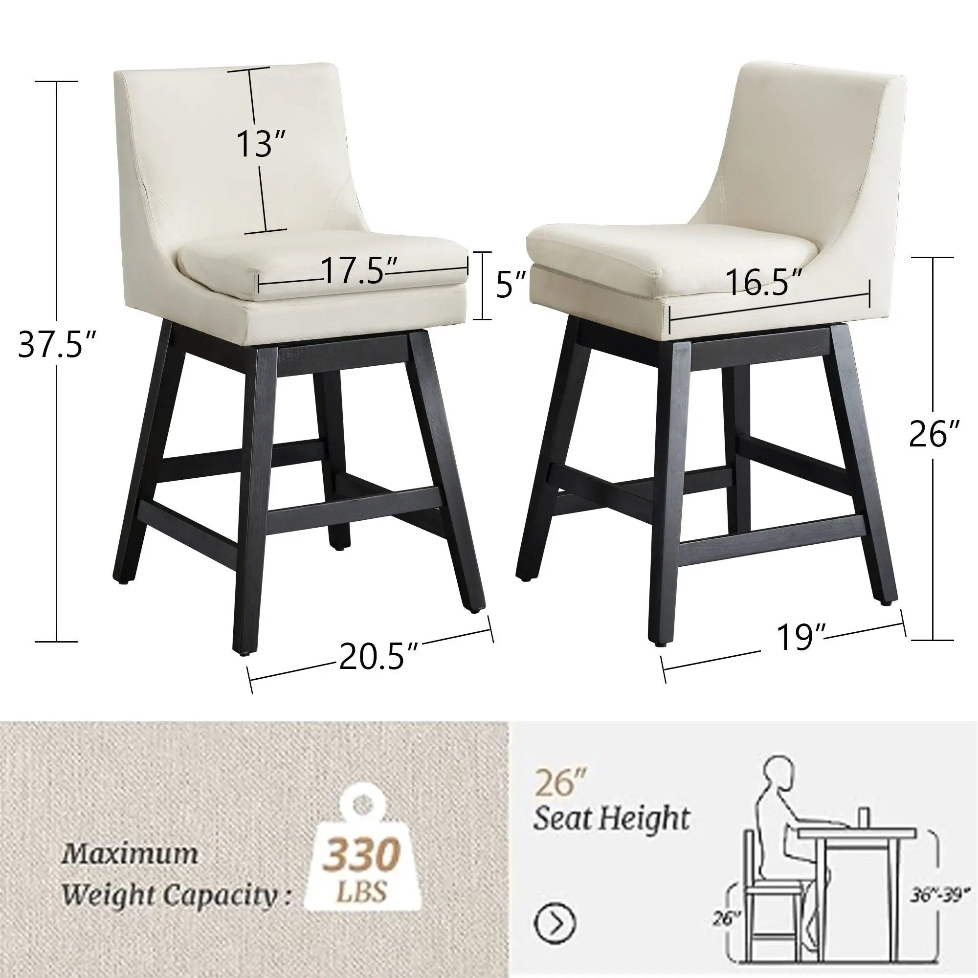Upholstered Swivel Bar Stools With Ergonomic Design (Set of 2) - Cream White by Unique Piece Furniture