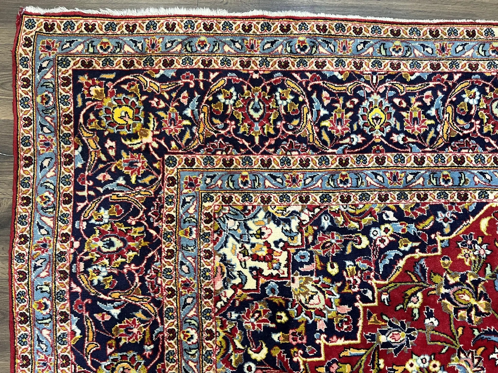 Persian Kashan Rug 9x12, Red Navy Blue, Allover Floral Medallion & Corner Design, Handmade Wool Oriental Carpet, Semi Antique Traditional Carpet by Jewel Rugs