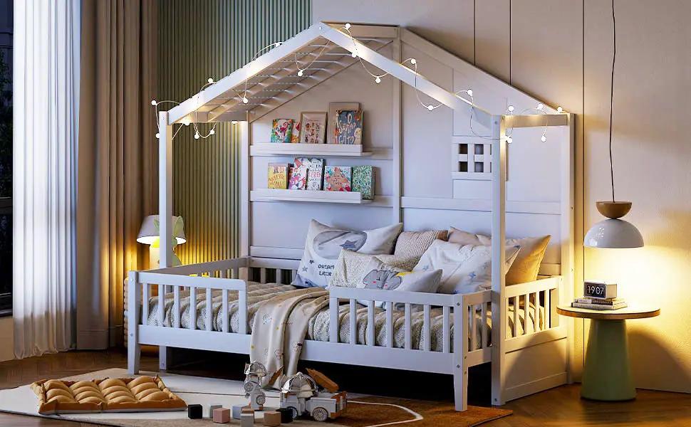 House Bed With Shelves, Window And Sparkling Light Strip On The Roof by HouseOfZazla