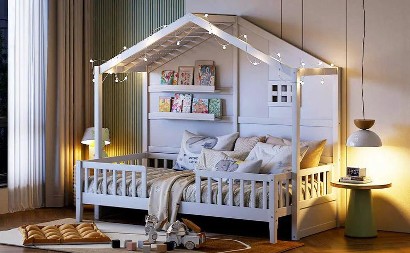 House Bed With Shelves, Window And Sparkling Light Strip On The Roof by HouseOfZazla