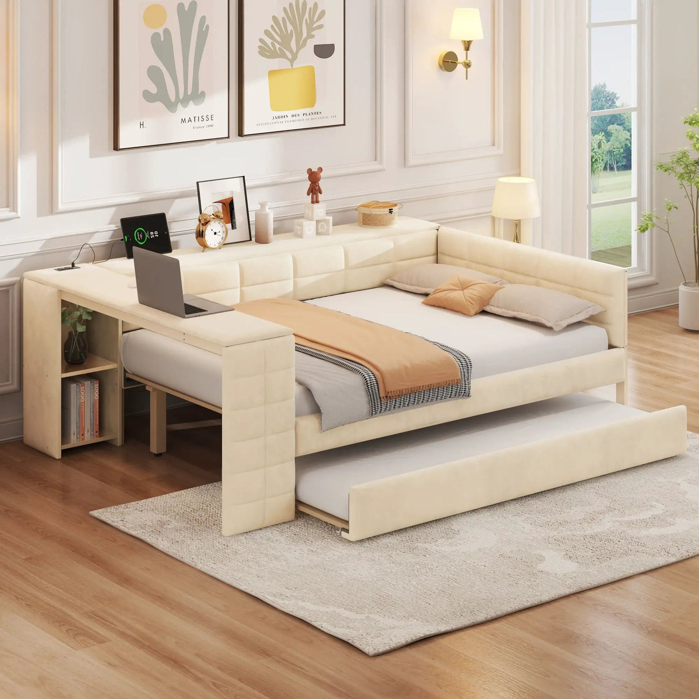 Upholstered Platform Bed With Storage Shelves, Desk, Charging Station And Trundle by HouseOfZazla