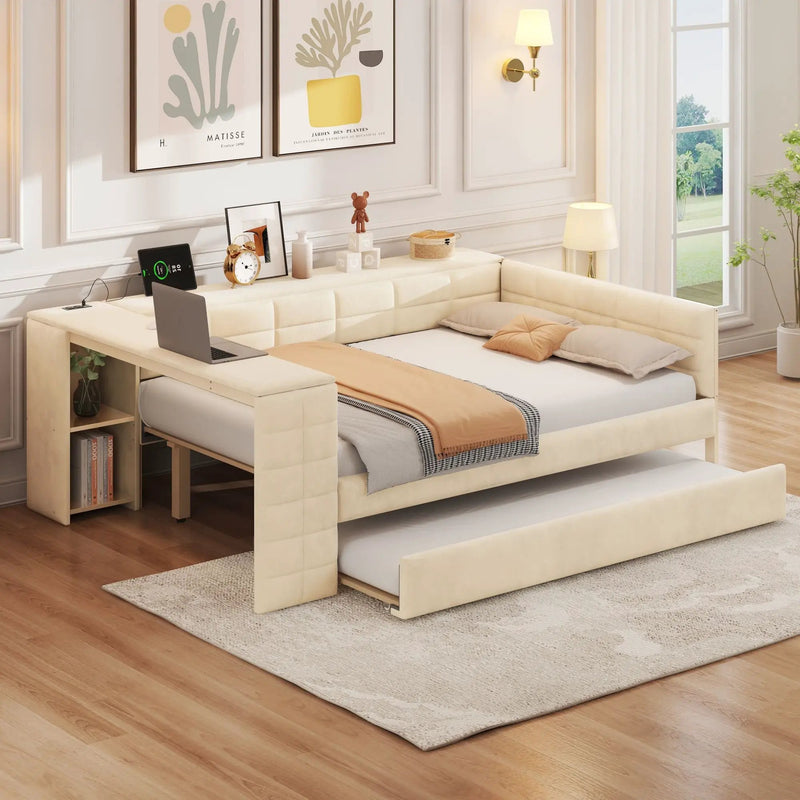 Upholstered Platform Bed With Storage Shelves, Desk, Charging Station And Trundle by HouseOfZazla