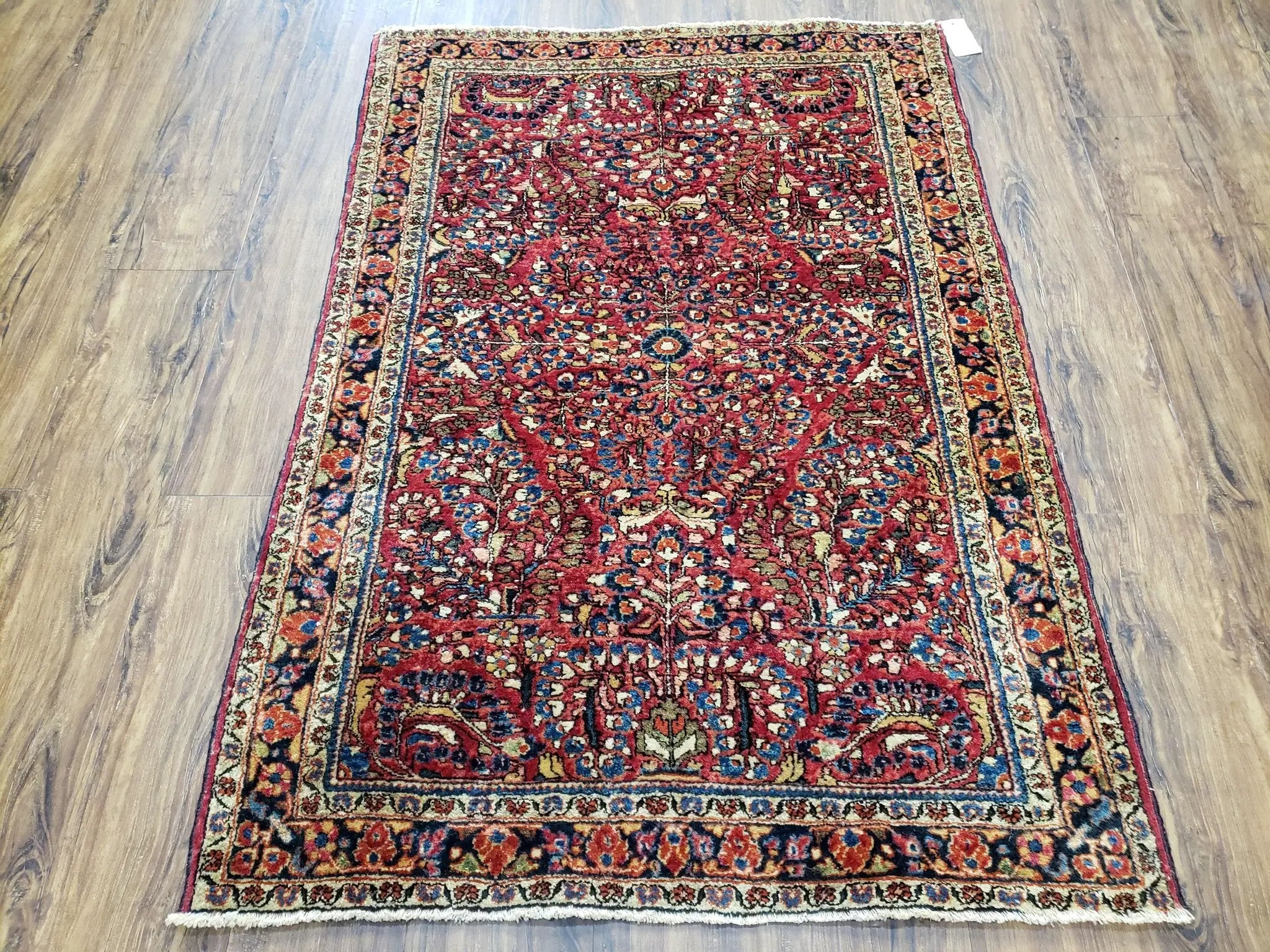 Antique Persian Sarouk Rug, Red, Allover Floral Pattern, Hand-Knotted, Wool, 3'4" x 4'10" by Jewel Rugs