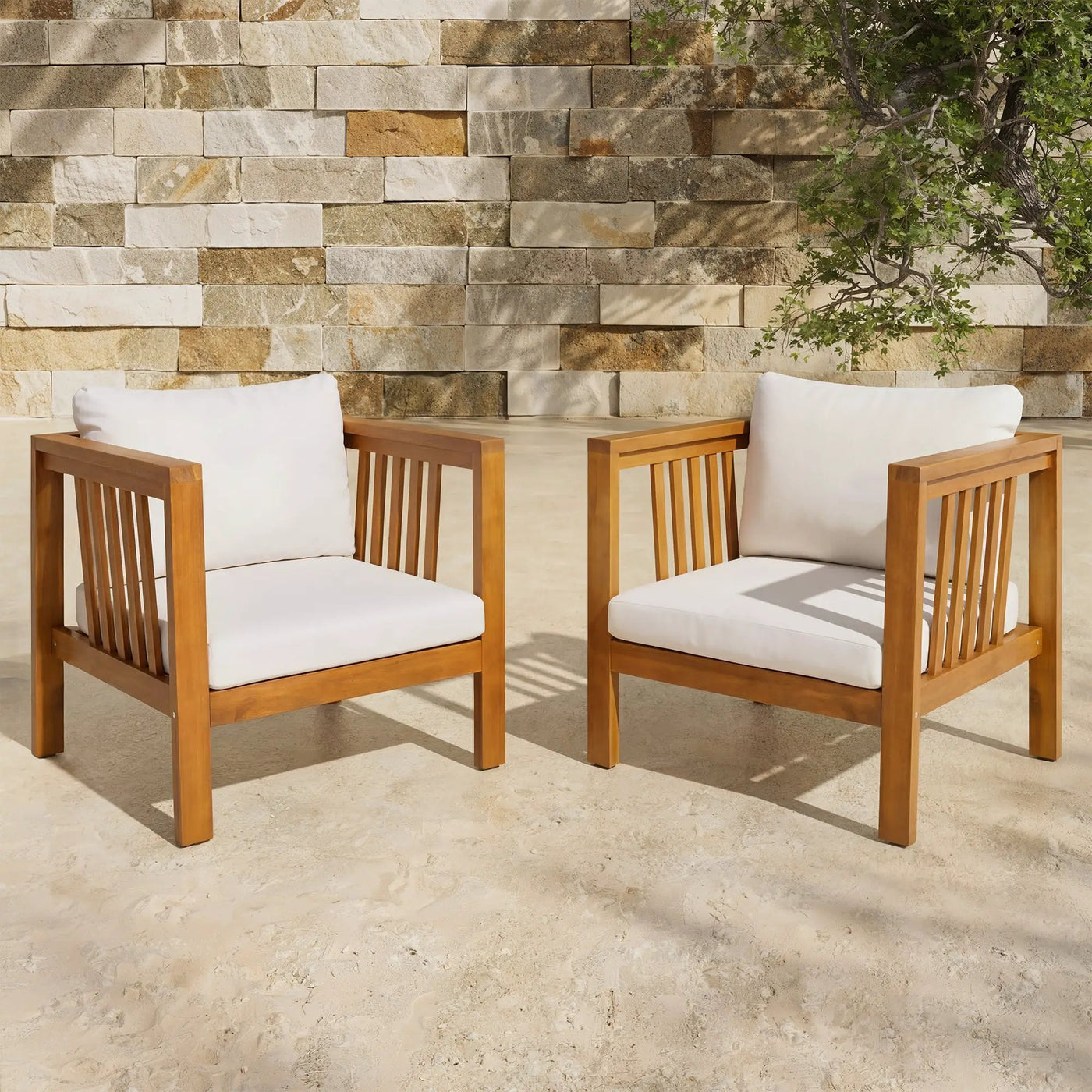 Set of 2 Outdoor Acacia Wood Club Chairs with Modern Square Arms by HouseOfZazla