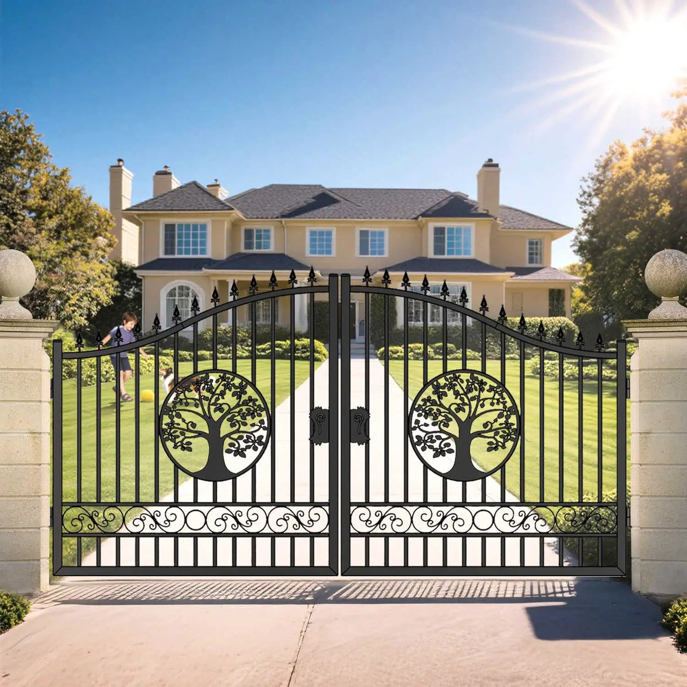 14x8 ft Steel Dual Swing Driveway Gate with Wider Goalposts by Chery Industrial