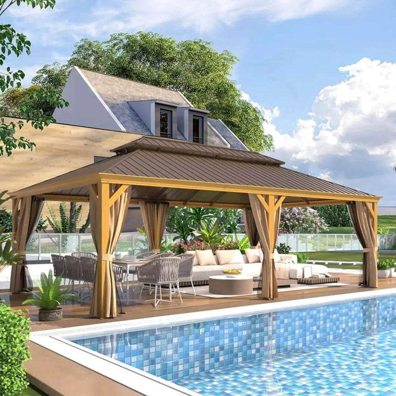 [14X24FT] Alora Heavy-Duty Aluminum Galvanized Steel Double Roof Hardtop Gazebo With Netting And Curtains (SAK41853) by SAKSBY WHOLESALE
