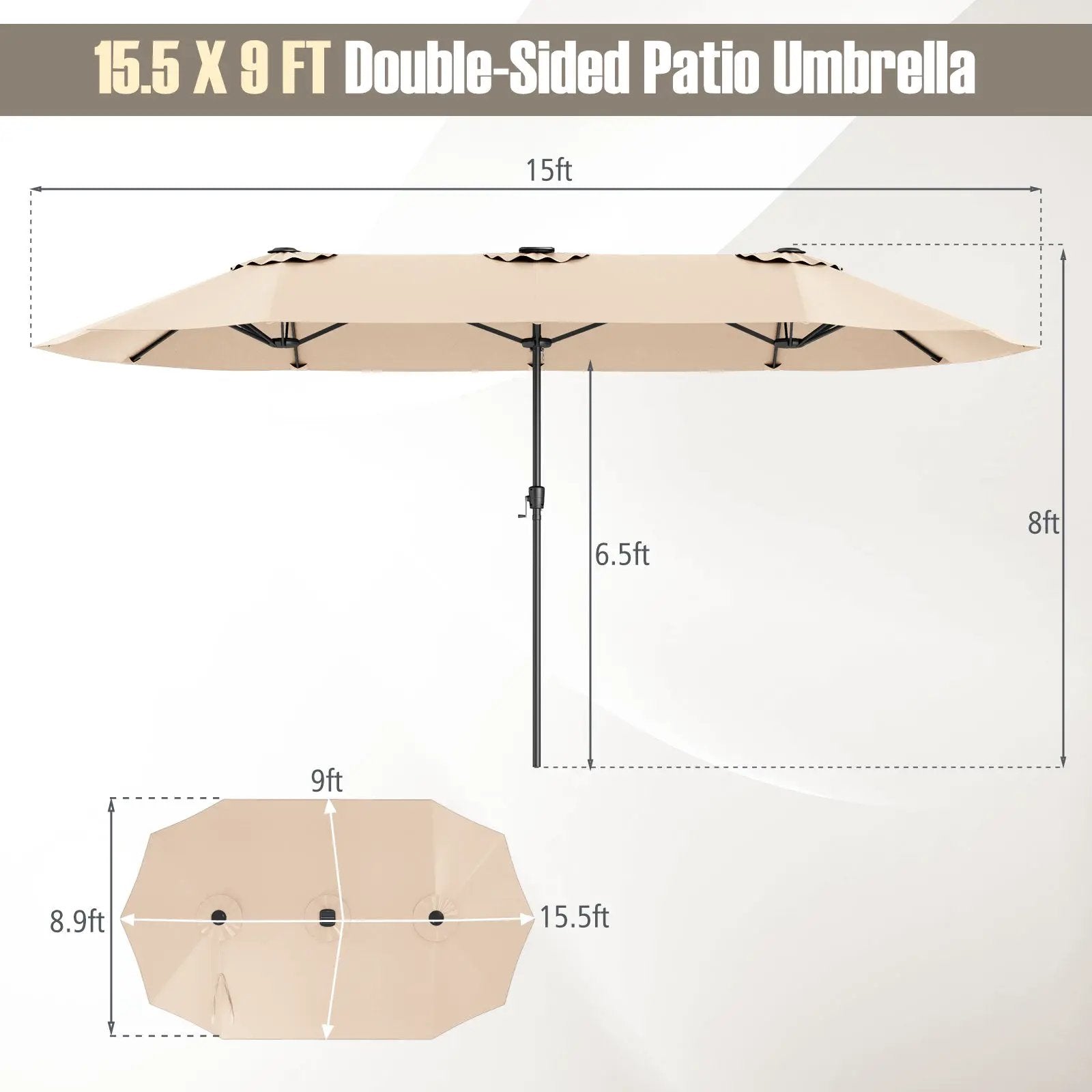 15.5 FT Extra-Large Patio Umbrella with LED Solar Lights and Crank Handle by DirectDeals