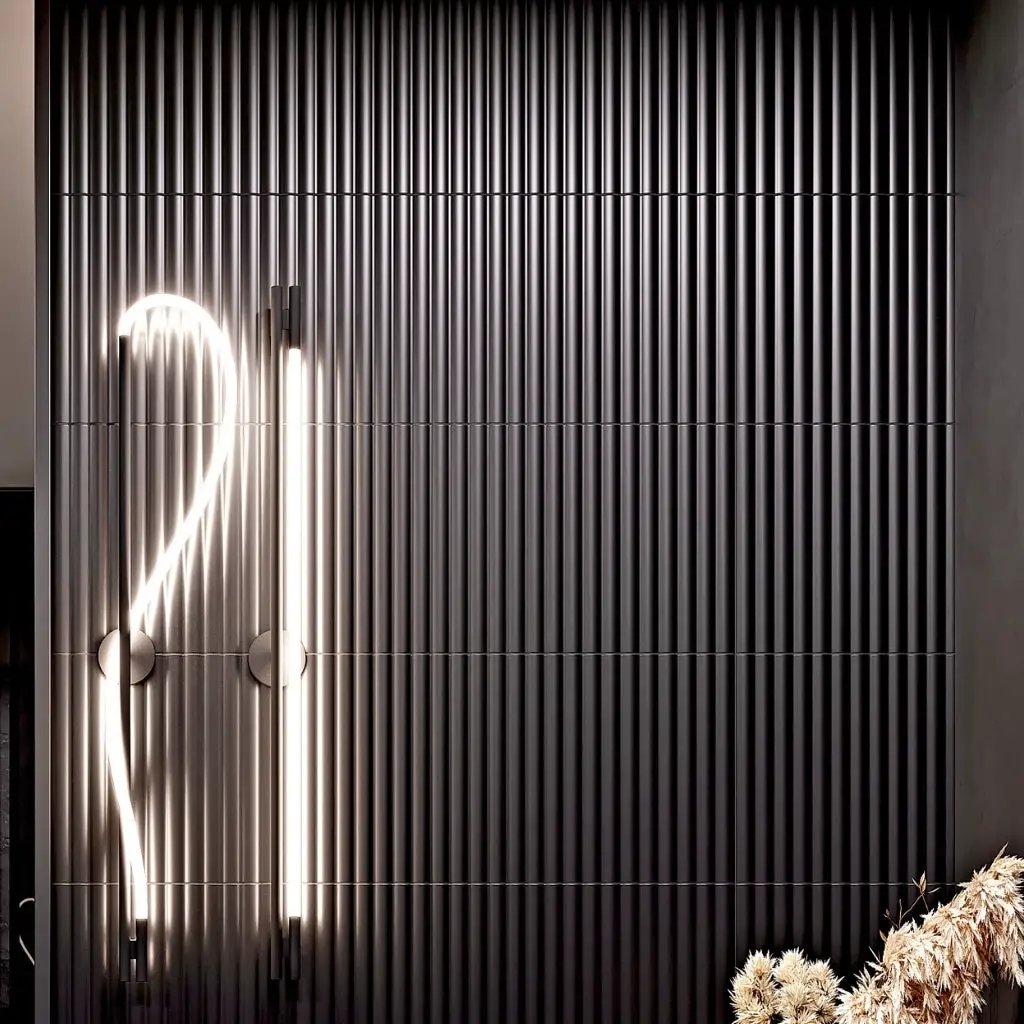 Black 12x36 Matte Fluted Ceramic Large Format Tile (4 pack, 11.63 sq ft/case) by Apollo Tile
