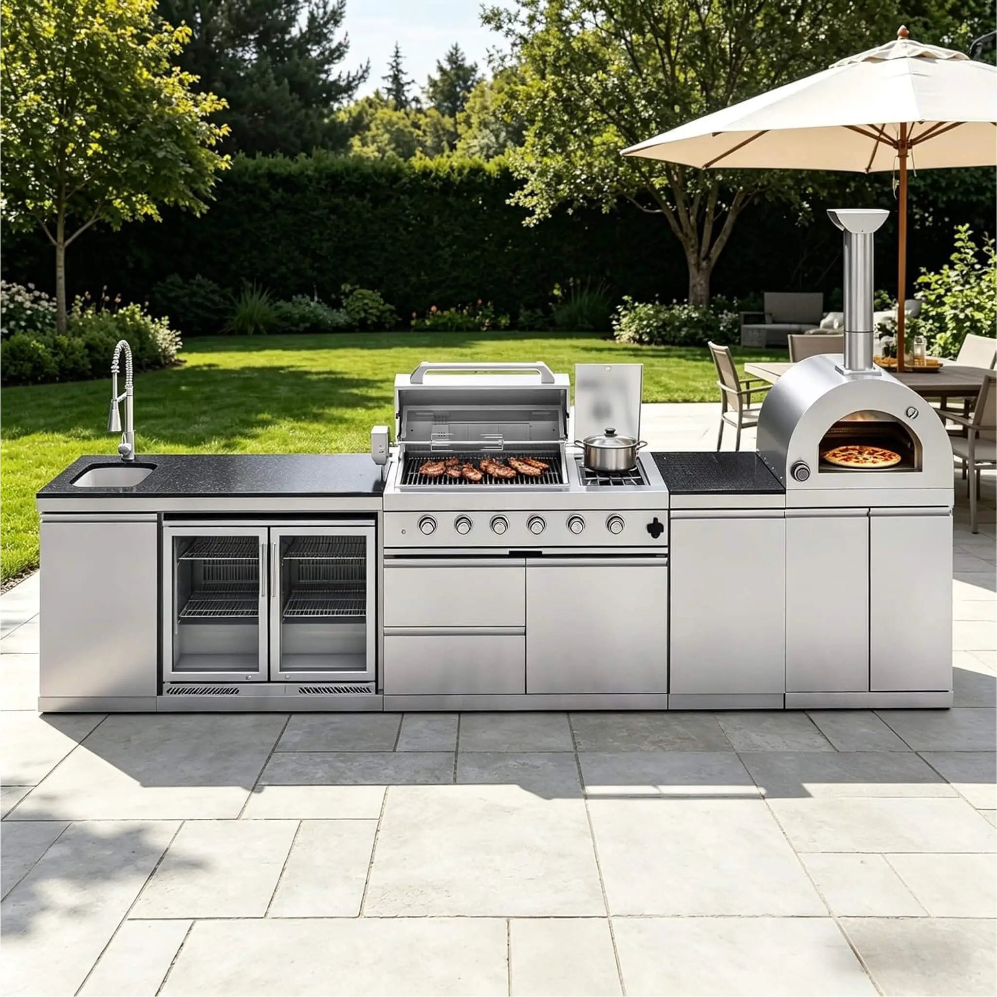 Blazon 150-Inch 4-Burner 108K BTU Outdoor Kitchen Island With Pizza Oven, Rotisserie & Refrigerator (SAK36412) by SAKSBY WHOLESALE