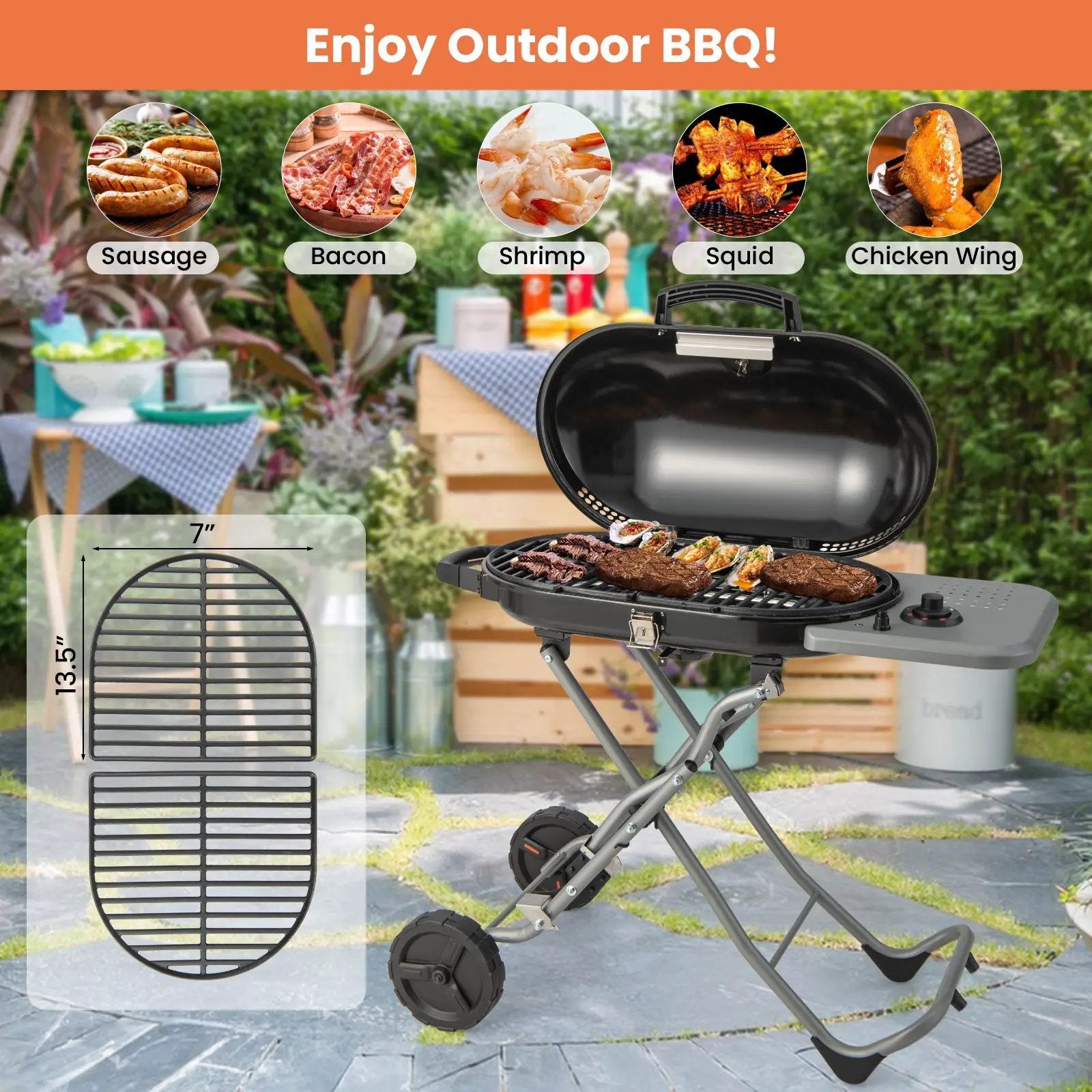 15000 BTU Portable Propane BBQ Grill with Wheels and Side Shelf-Black by DirectDeals