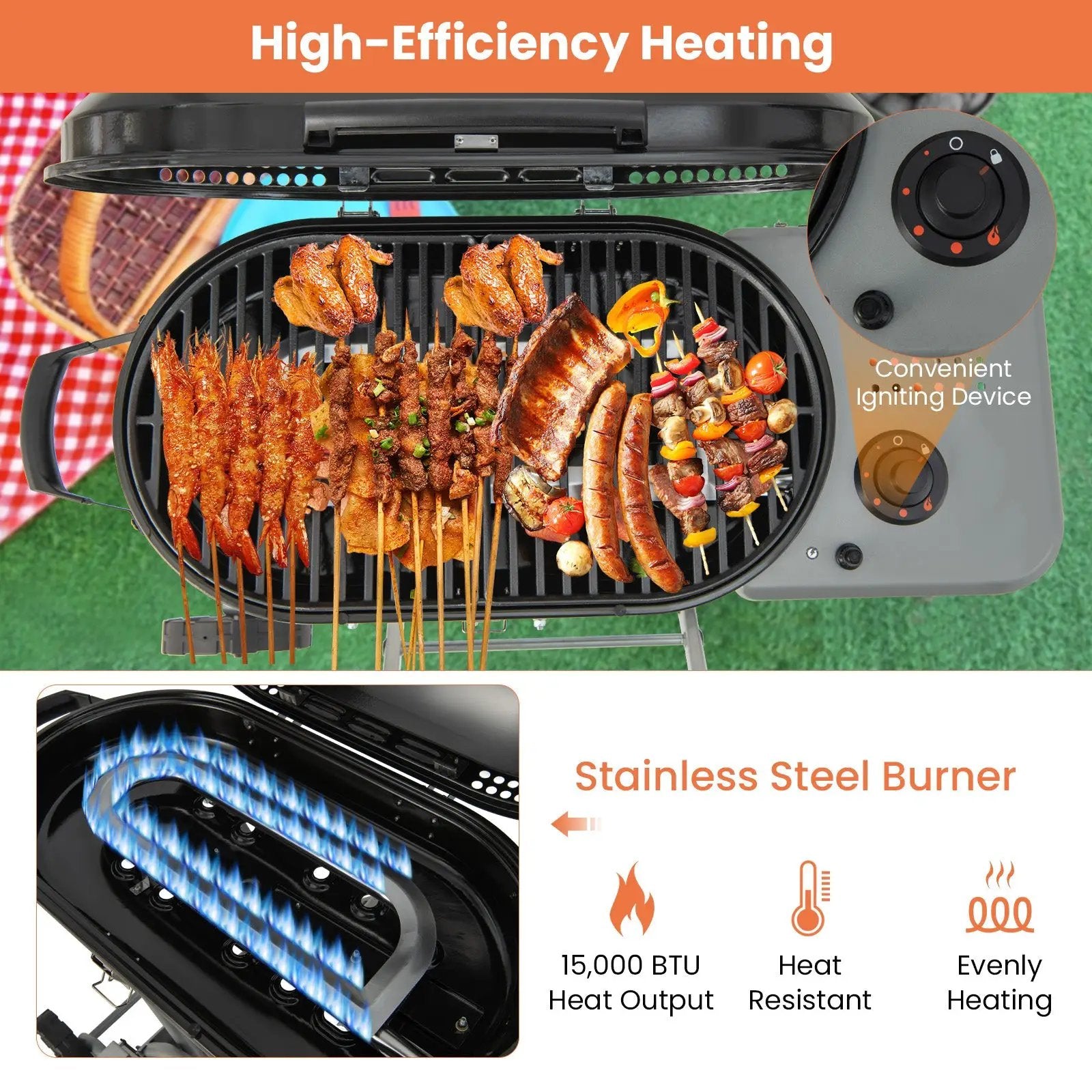 15000 BTU Portable Propane BBQ Grill with Wheels and Side Shelf-Black by DirectDeals