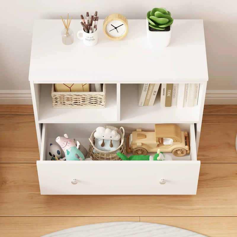 Toy Storage Organizer With Large Drawer And Low Bookshelf For Nursery & Playroom - White by Unique Piece Furniture