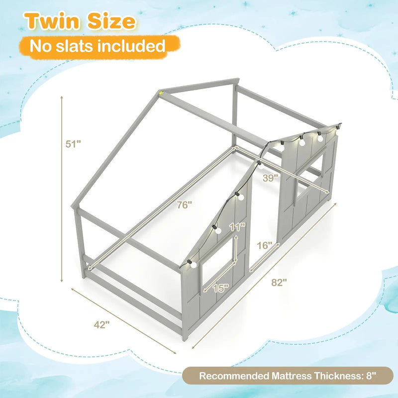 Twin Size House Bed with LED Lights Montessori Slat-free Floor Bed by DirectDeals