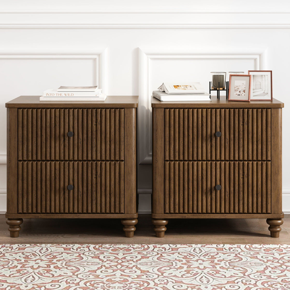 Fluted Nightstand with 3 Drawers - Set of 2 - Dark Brown or Beige, photo 7 of 21