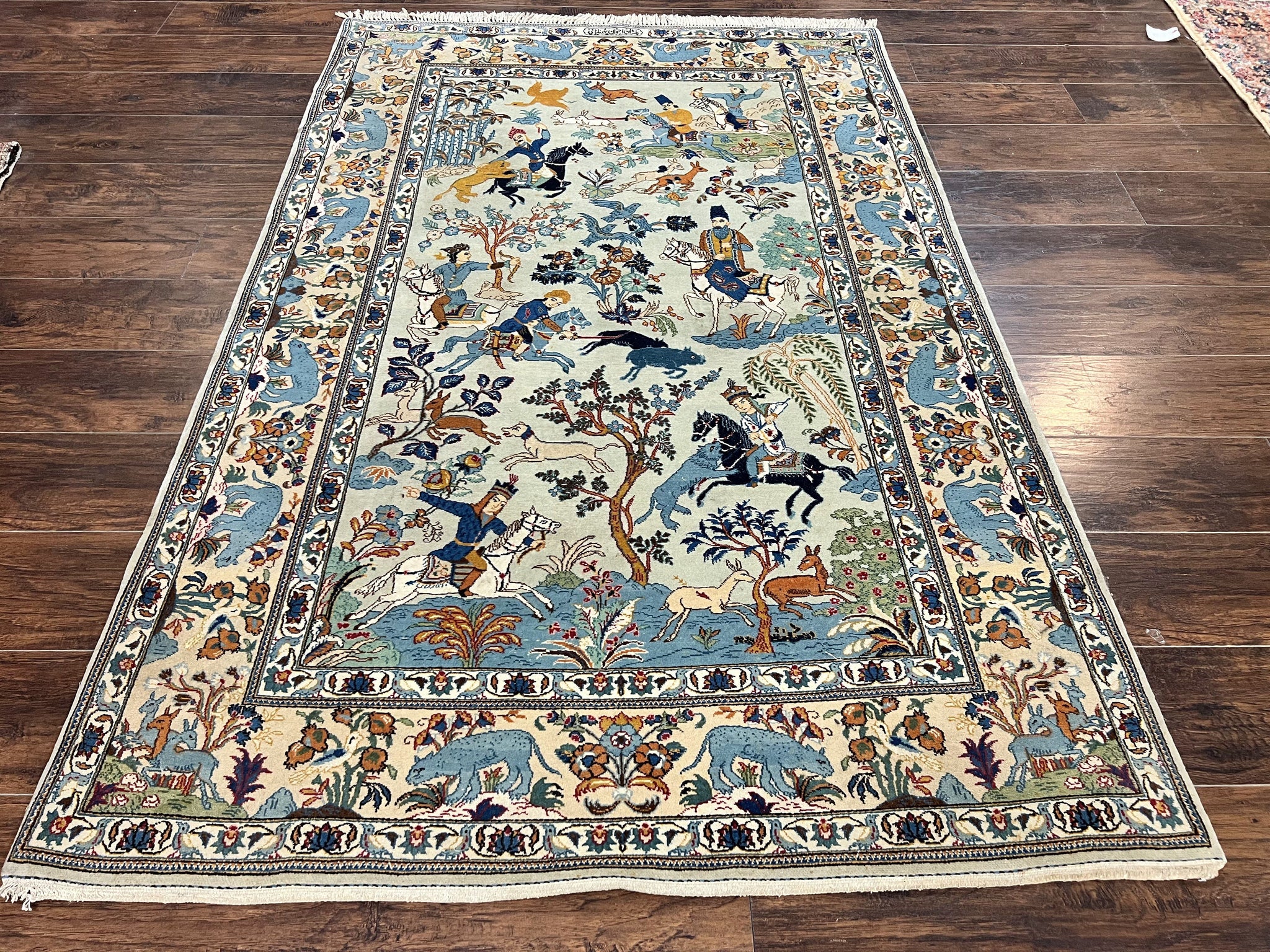 Persian Kashan Pictorial Rug 4.6 x 7, Hunting Scene, Signed by Masterweaver, Animal Pictorials, Rare, Handmade, Wool, Vintage, Very Fine by Jewel Rugs