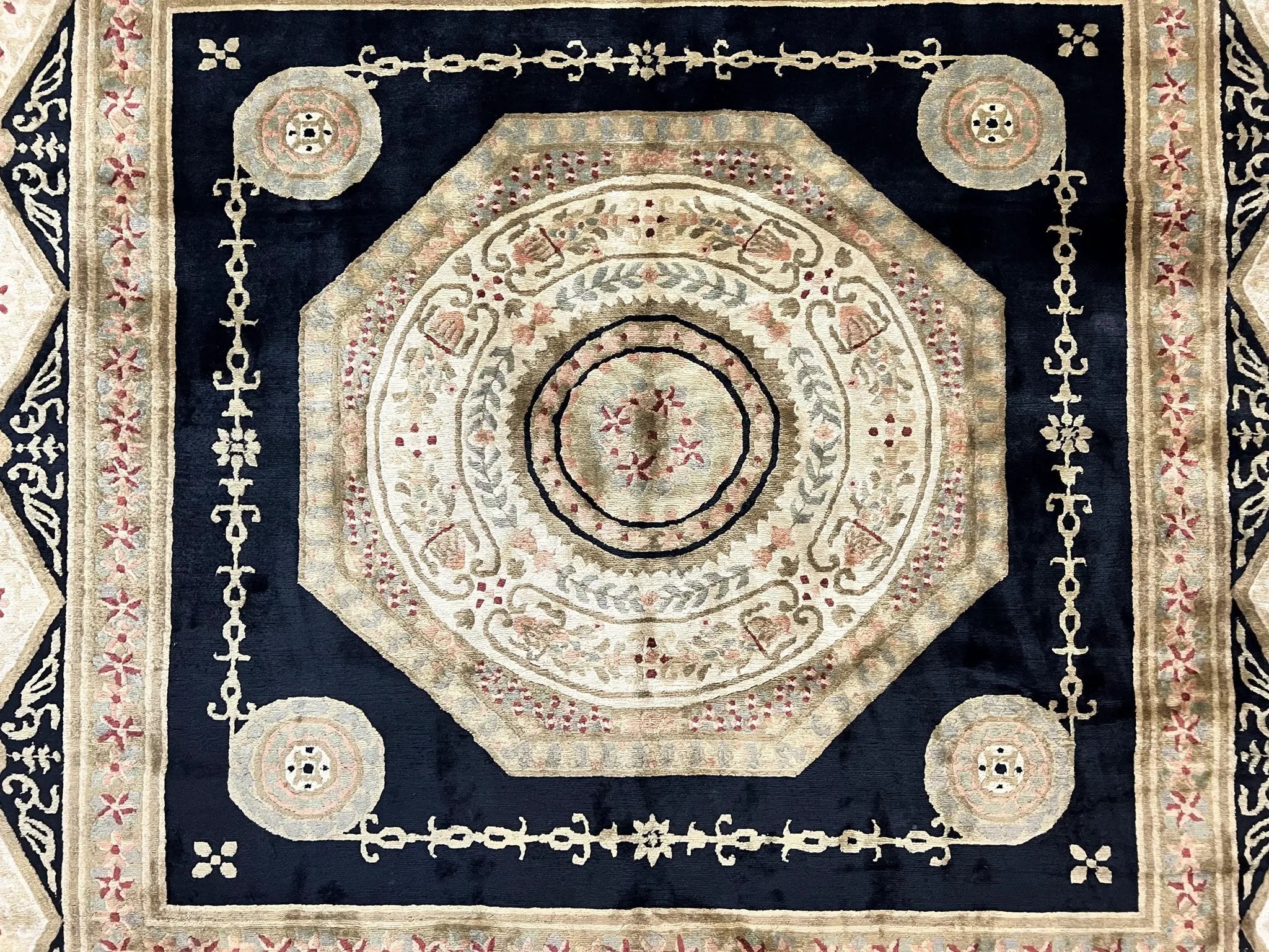 Tibetan Rug 8x10, Nepali Area Rug, Soft New Zealand Wool Carpet 8 x 10 ft, Black Tan Beige, Vintage Handmade Rug, French Aubusson Pattern by Jewel Rugs